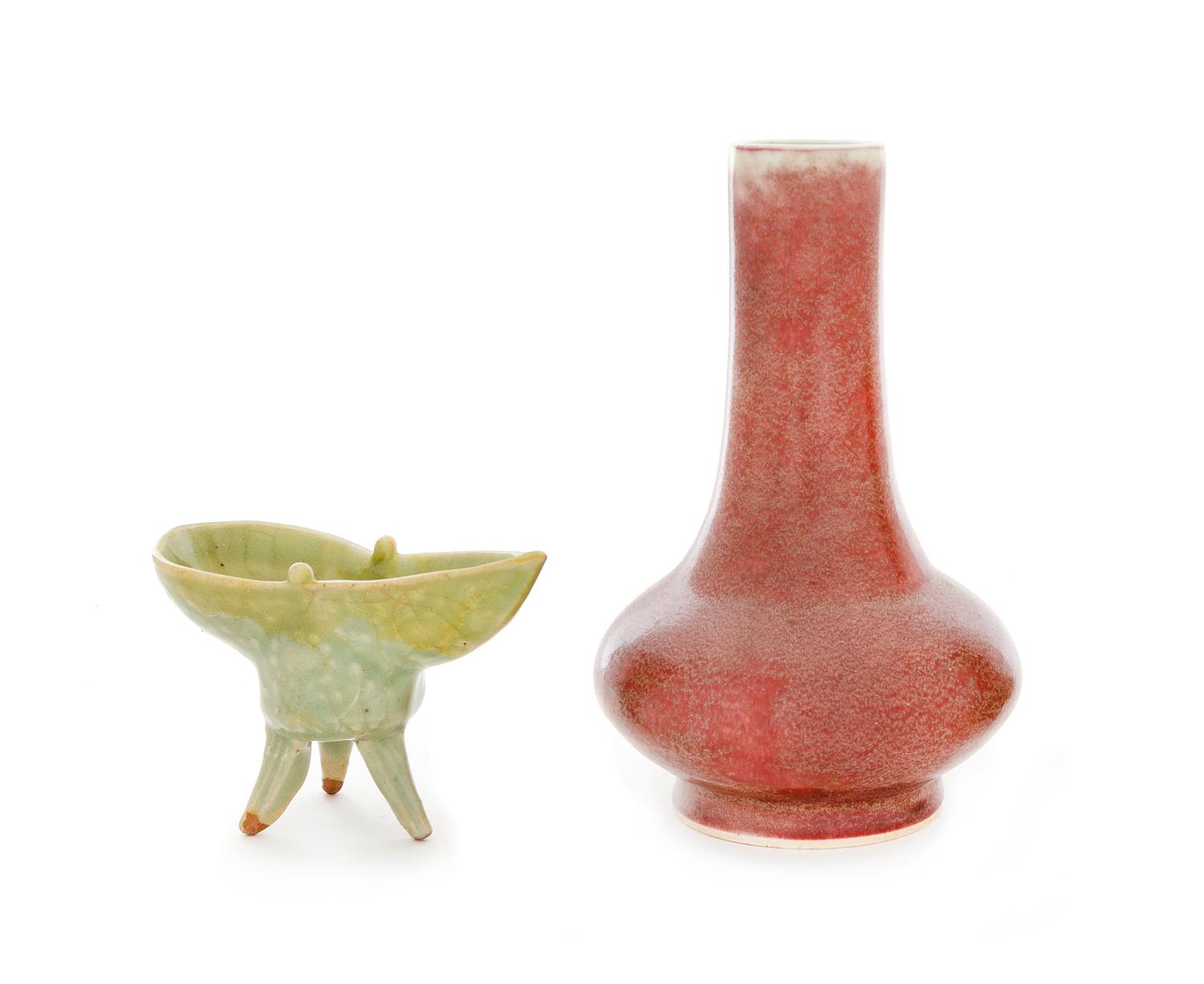 Two Monochrome Glazed Porcelain Articles Height of taller 7 3/4 inches. — MING-QING DYNASTY