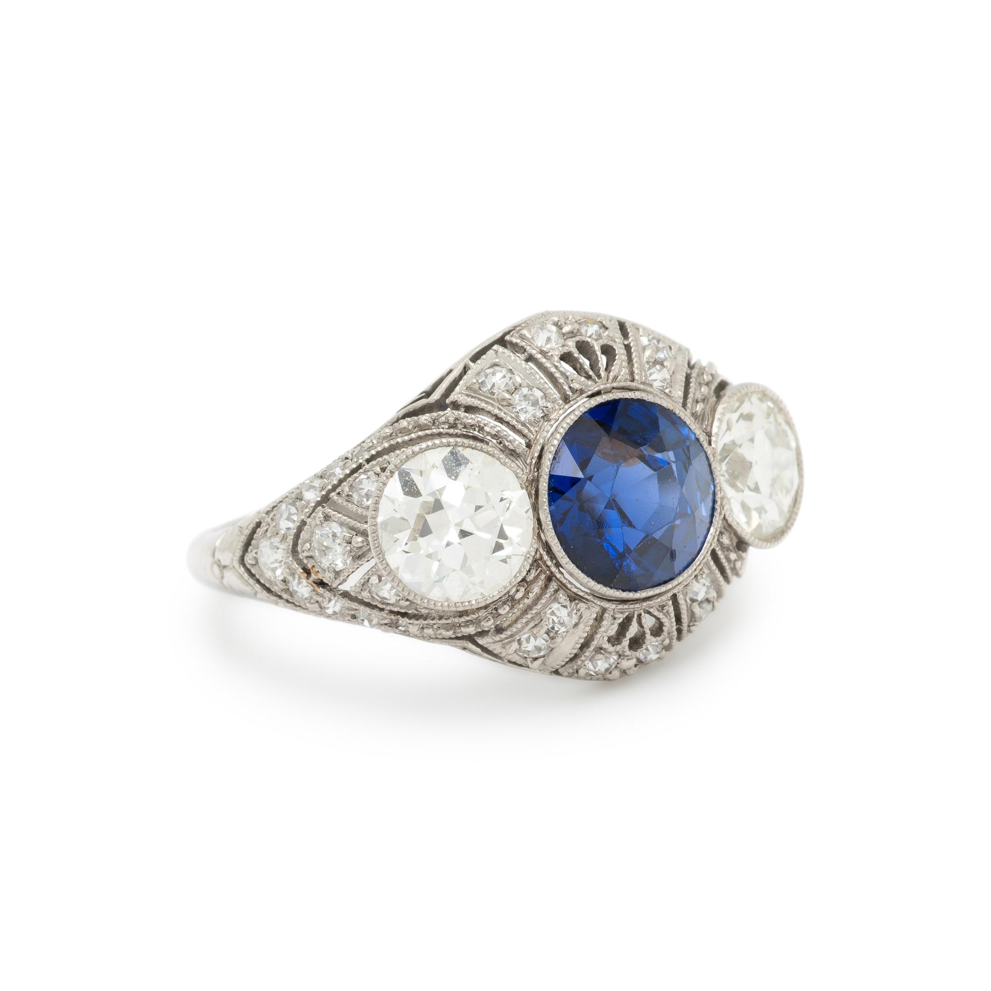 SAPPHIRE, DIAMOND, AND PLATINUM RING