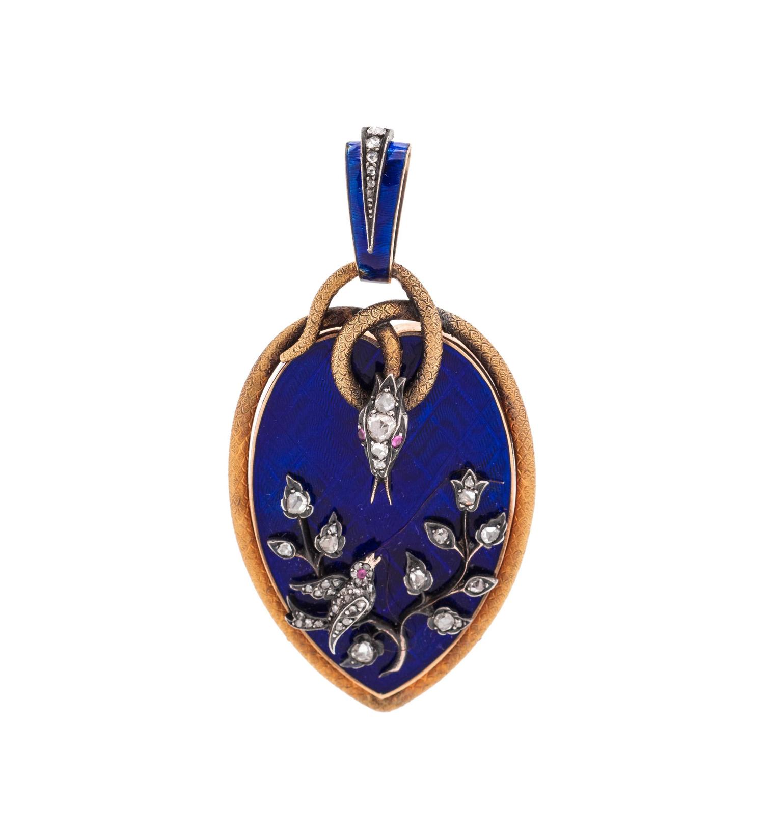 Victorian, Diamond, Ruby and Enamel Snake Motif Locket Pendant