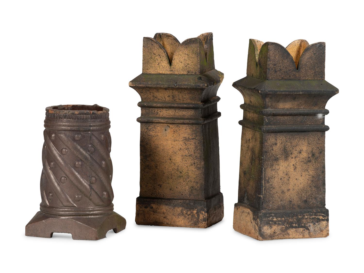 Three Glazed Sewer Tile Chimney Top Planters or Garden Ornaments