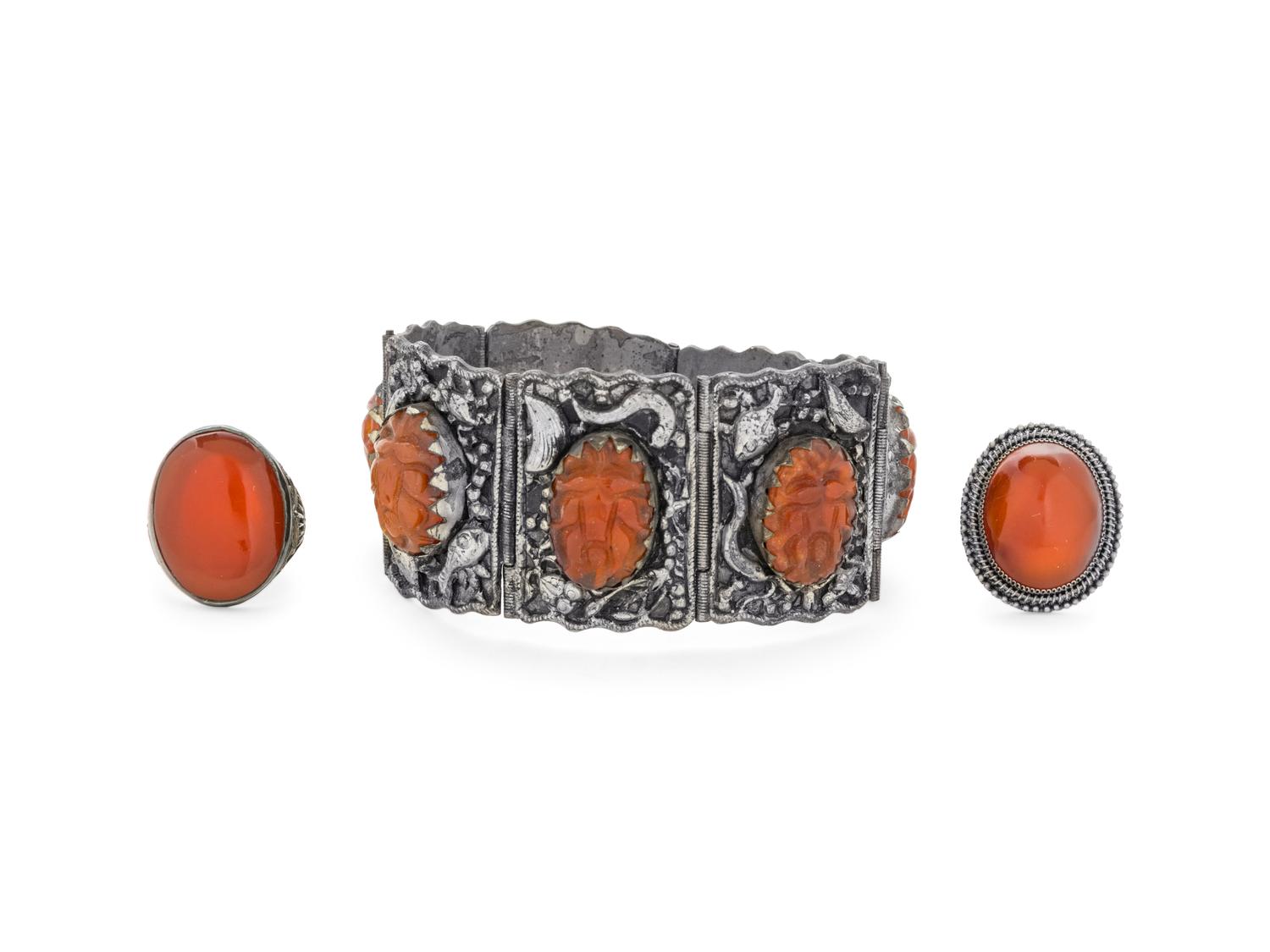 Three Chinese Silver Mounted Carnelian Agate Jewelry