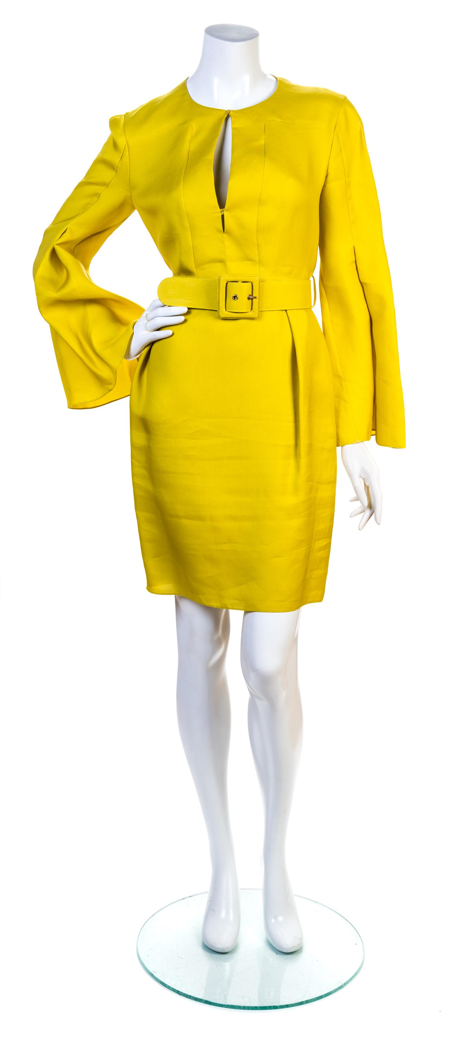 A Gucci Chartreuse Silk Bell Sleeve Dress, Dress: size 44; Belt: 30"- 32" x 2".