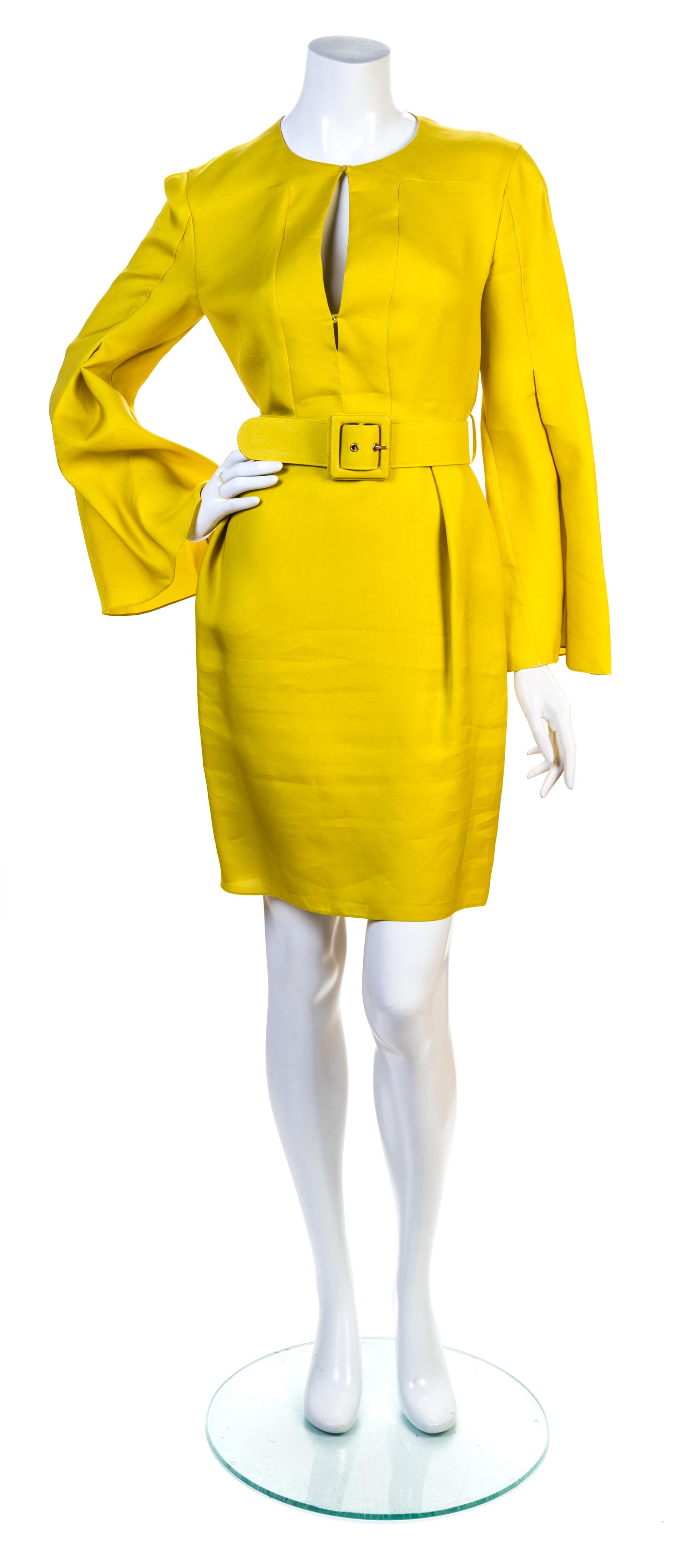 A Gucci Chartreuse Silk Bell Sleeve Dress, Dress: size 44; Belt: 30"- 32" x 2".