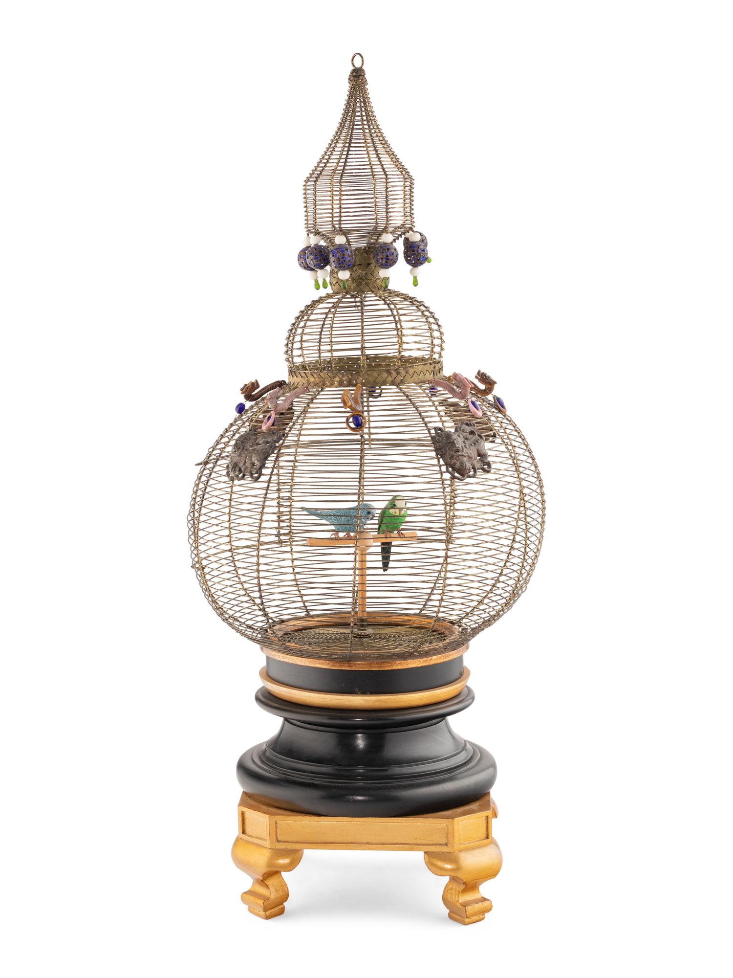 A Chinese Export Hardstone and Cloisonné Mounted Metal Birdcage