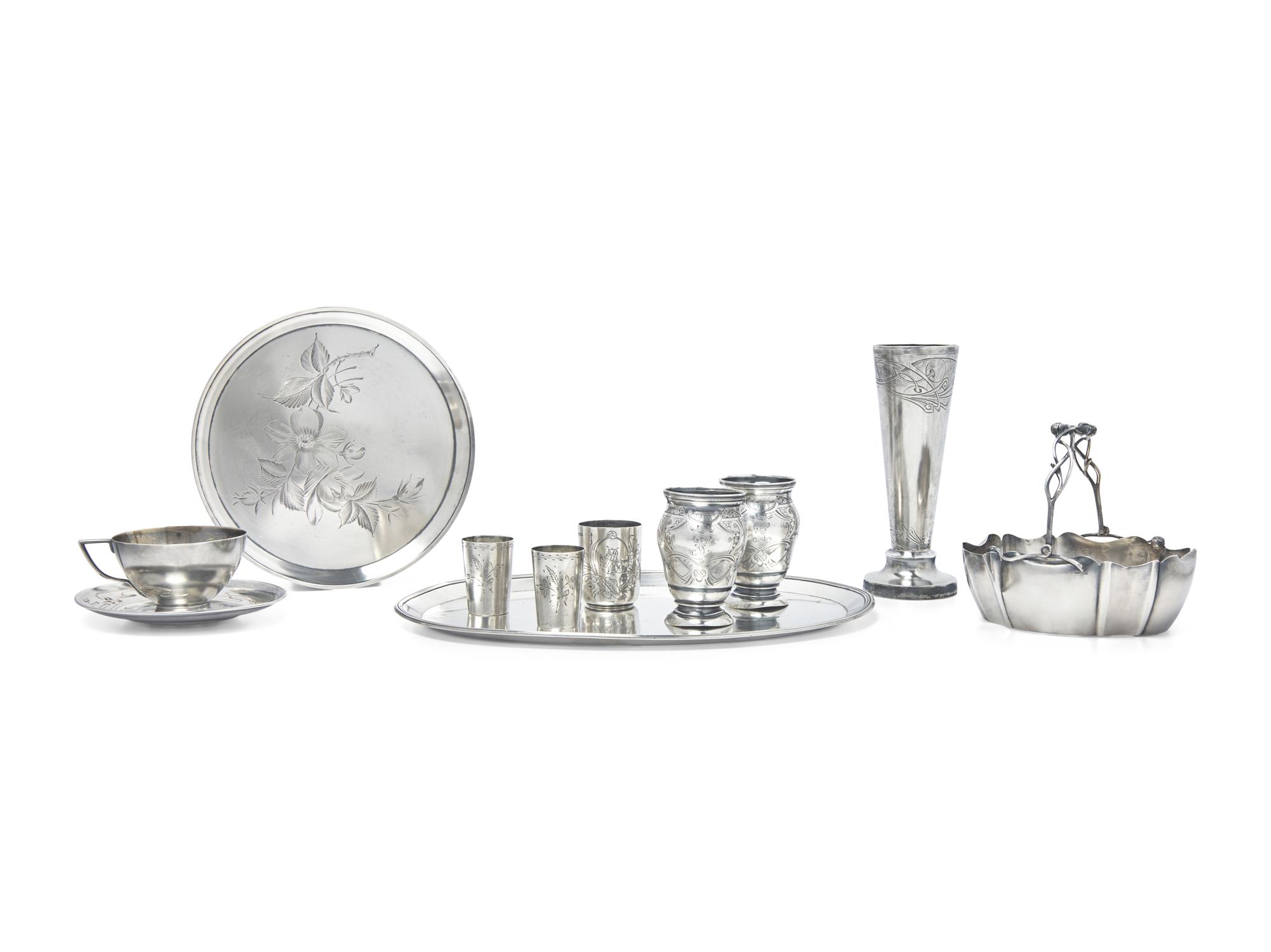 A Group of Eleven Russian Silver Table Articles