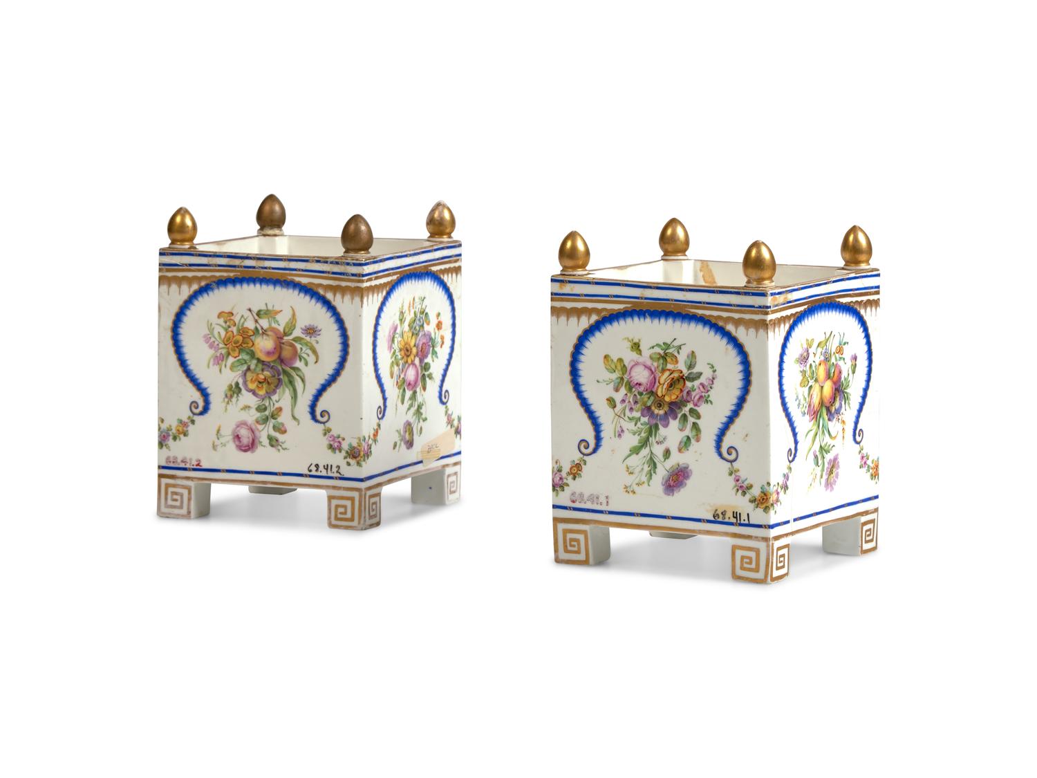 A Pair of English Porcelain Hand-Painted Square Cache Pots