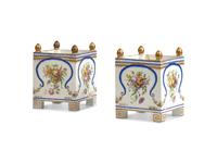 A Pair of English Porcelain Hand-Painted Square Cache Pots