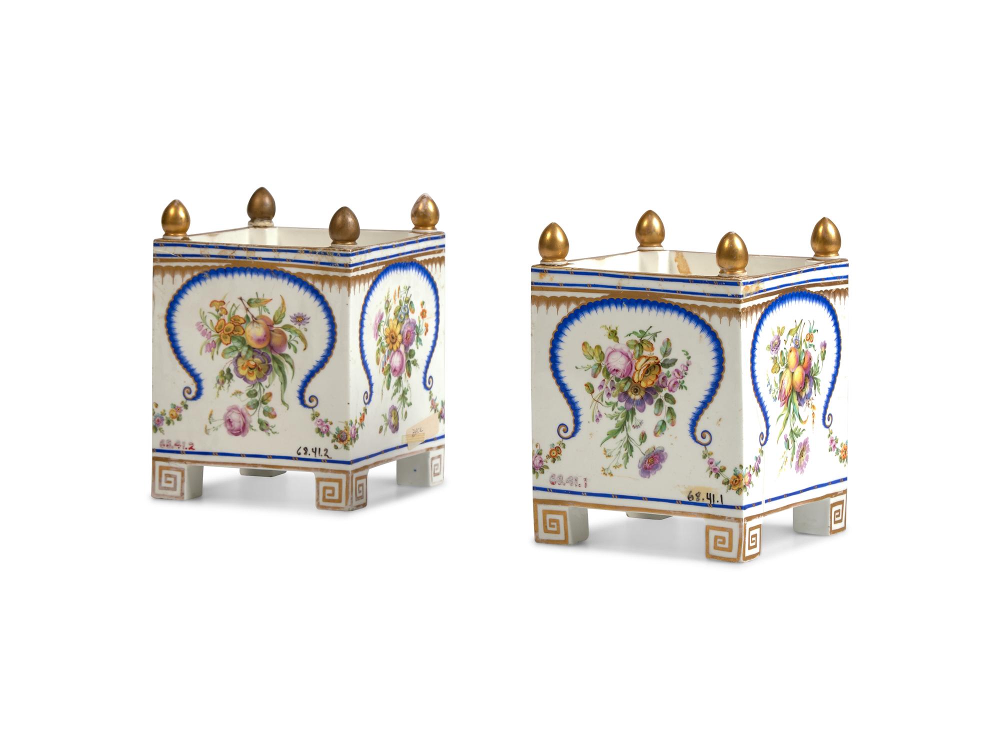 A Pair of English Porcelain Hand-Painted Square Cache Pots
