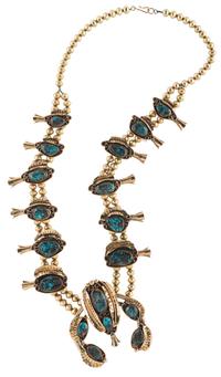 Southwestern 14k Gold Squash Blossom Necklace, with Bisbee Turquoise Lot is located and will ship from Denver, Colorado.