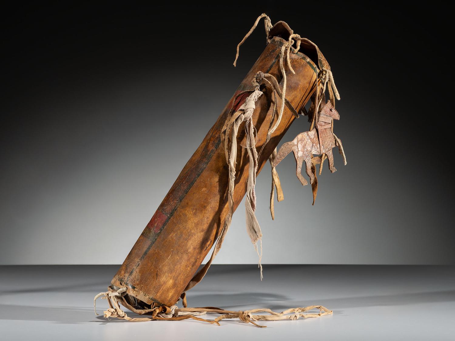 Apsáalooke Painted Parfleche Cylinder, with Horse Charm
