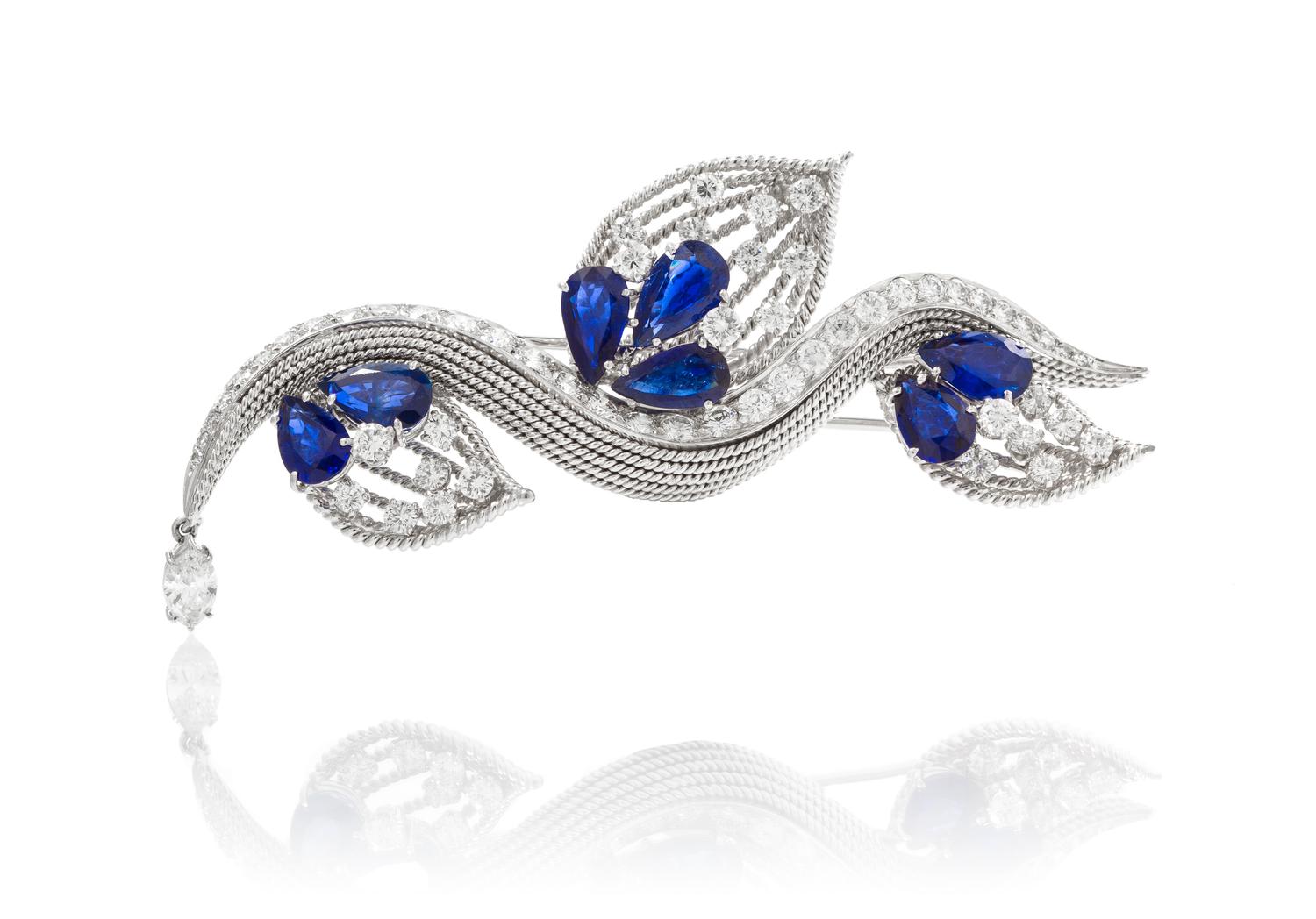 A White Gold, Sapphire and Diamond Brooch, Circa 1950, 13.40 dwts.