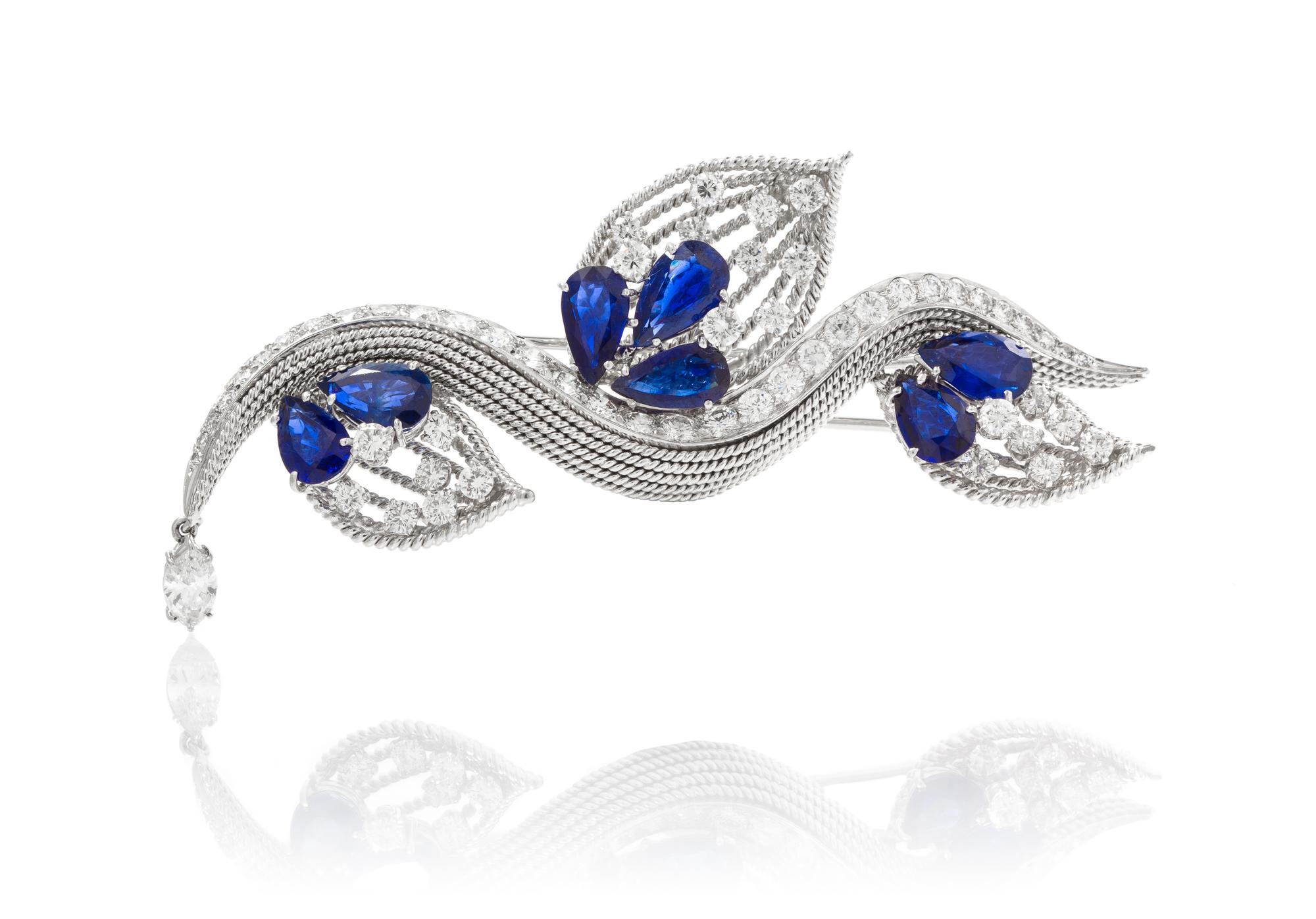 A White Gold, Sapphire and Diamond Brooch, Circa 1950, 13.40 dwts.