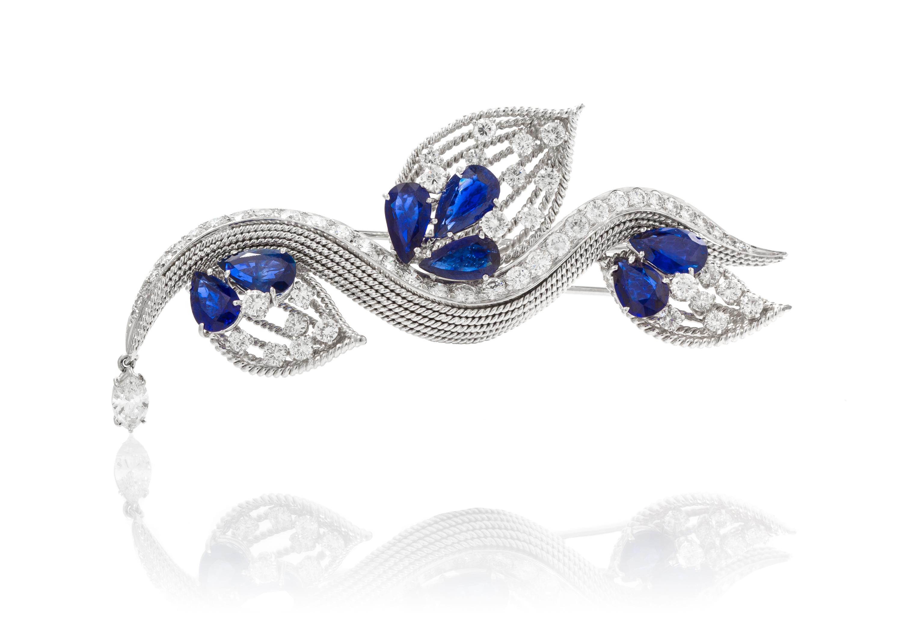 A White Gold, Sapphire and Diamond Brooch, Circa 1950, 13.40 dwts.