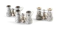 Three Pairs of French Bright Cut Aluminum Opera Glasses, Width 3 7/8 inches.