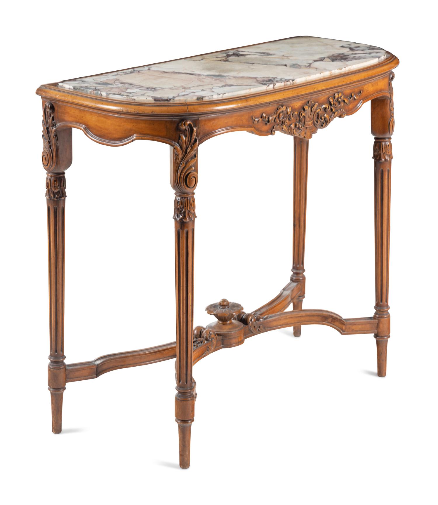 A Louis XVI Style Carved Walnut Marble-Top Side Table