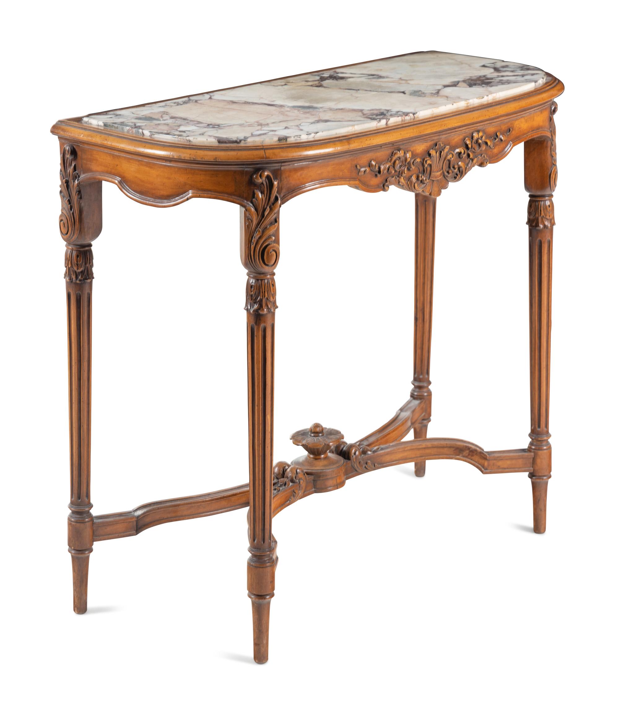 A Louis XVI Style Carved Walnut Marble-Top Side Table