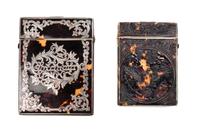 A Silver Inlaid Tortoise Shell Card Case, Height of first 4 1/8 inches.