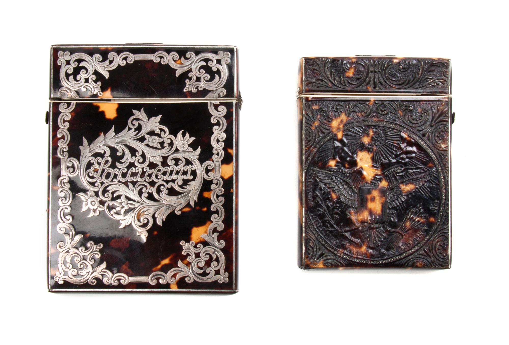 A Silver Inlaid Tortoise Shell Card Case, Height of first 4 1/8 inches.