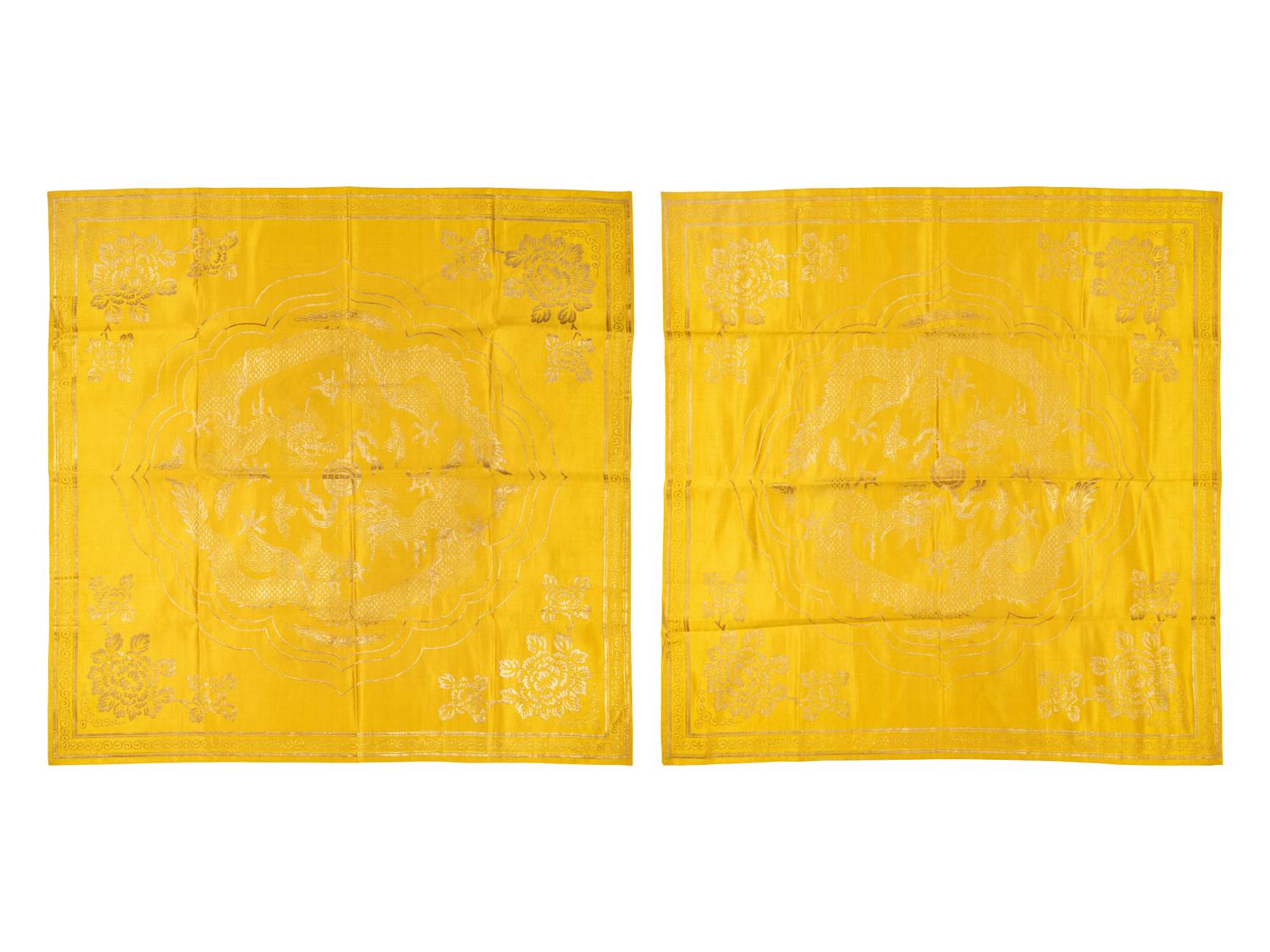 Two Chinese Yellow Embroidered Silk Panels