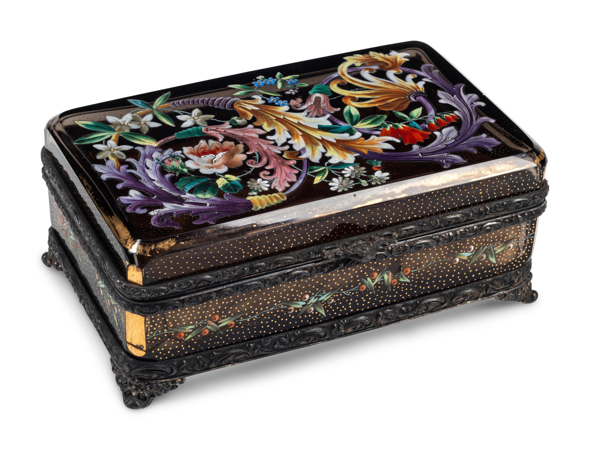 A Bohemian Enamel Decorated Amber Glass Table Casket
