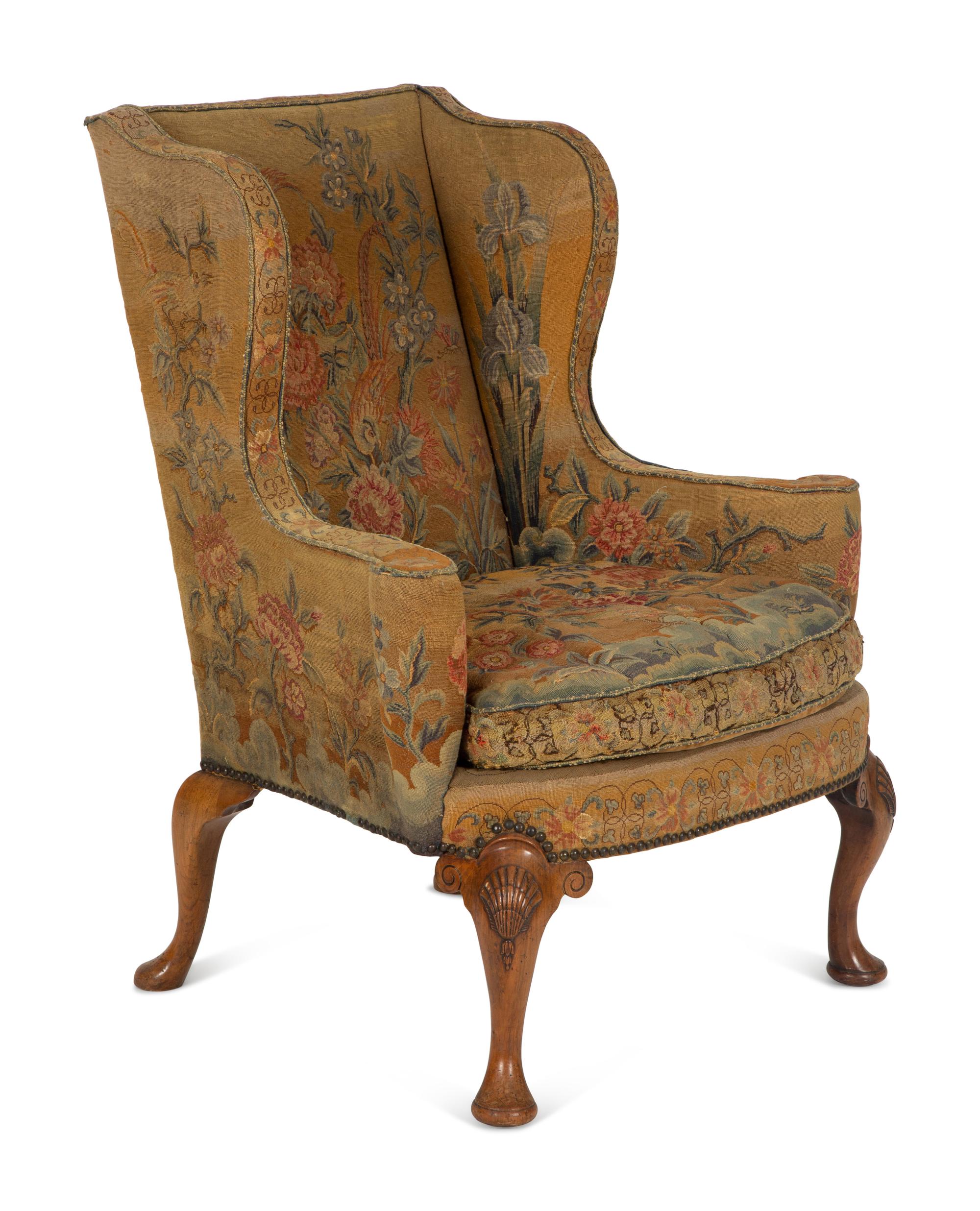 A George I Needlework Upholstered Walnut Wing Back Chair — 18th Century
