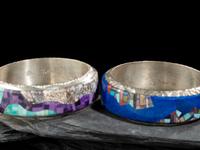 Pair of Sterling Silver and Mosaic Inlay Bangle Bracelets