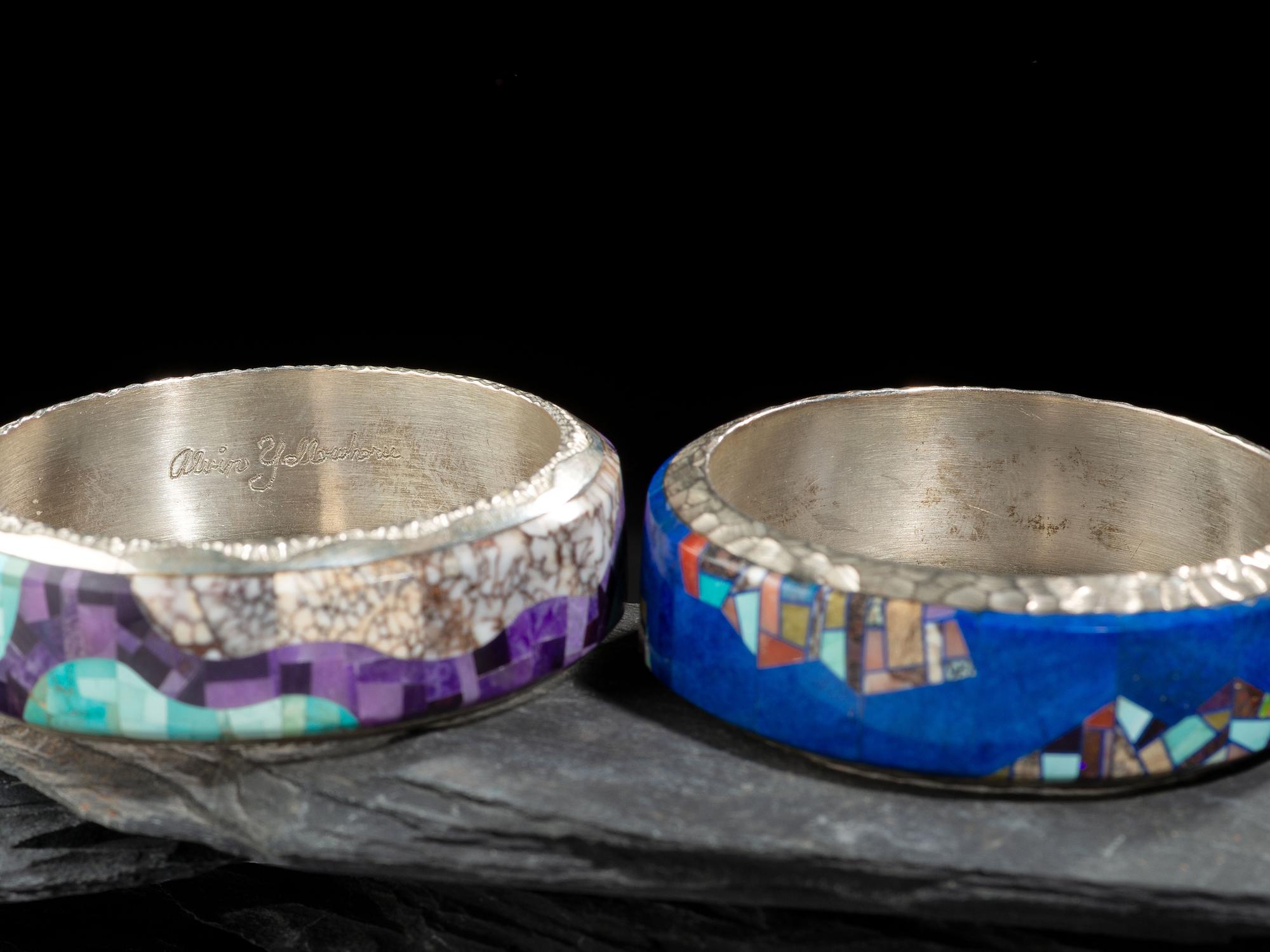 Pair of Sterling Silver and Mosaic Inlay Bangle Bracelets