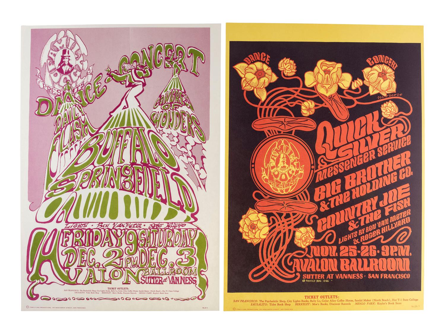 [MUSIC] -- [POSTERS]. MOUSE, Stanley, RENICK, Steve, MOSCOSO, Victor, and LANDSDOWN, Ned, artists. A group of 8 Family Dog posters from 1966, comprising: