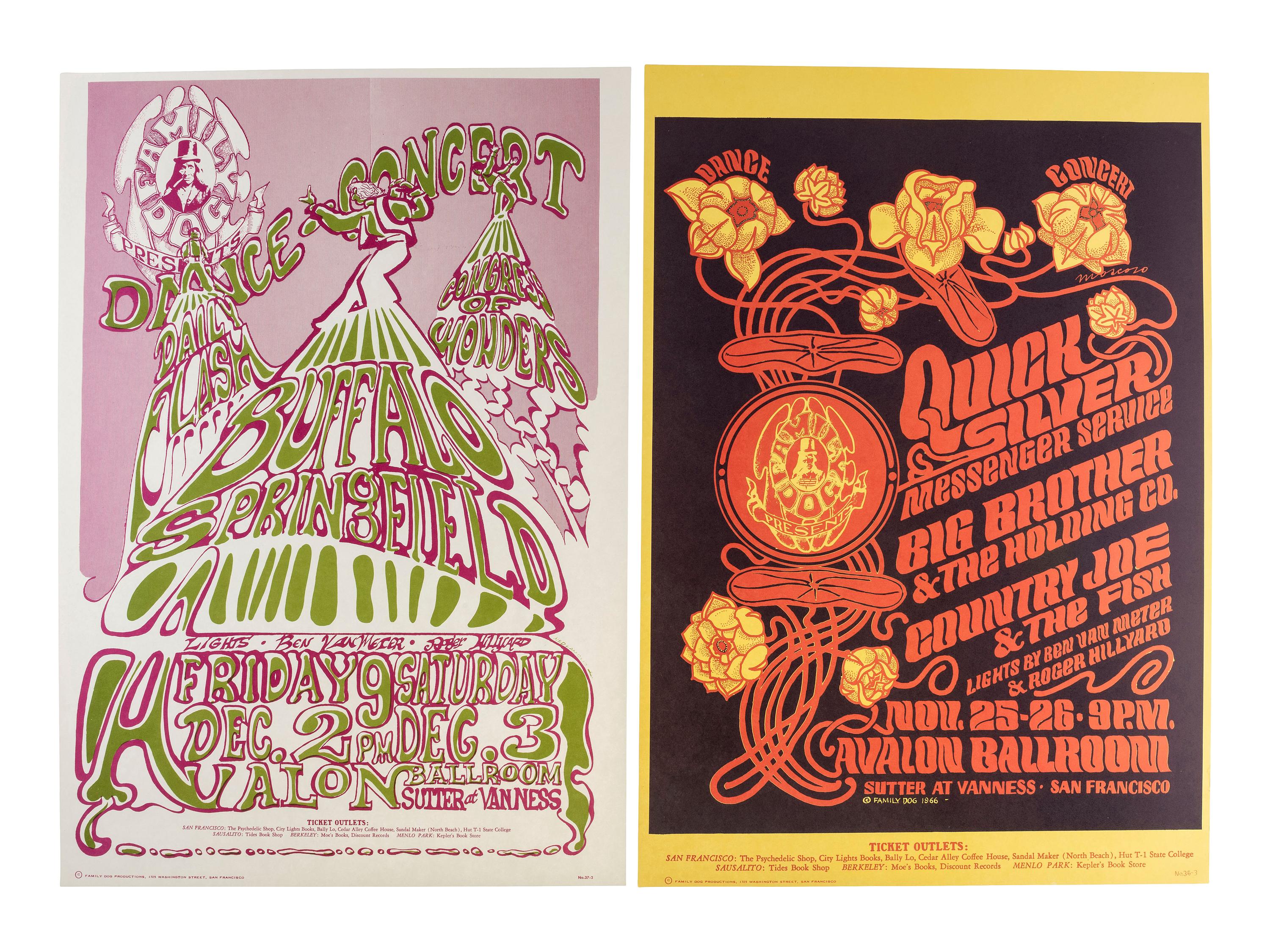 [MUSIC] -- [POSTERS]. MOUSE, Stanley, RENICK, Steve, MOSCOSO, Victor, and LANDSDOWN, Ned, artists. A group of 8 Family Dog posters from 1966, comprising: