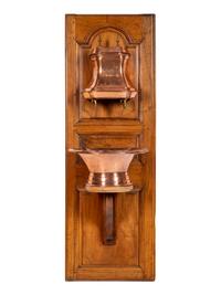 A French Copper Lavabo and Basin Mounted to a Walnut Cabinet Door