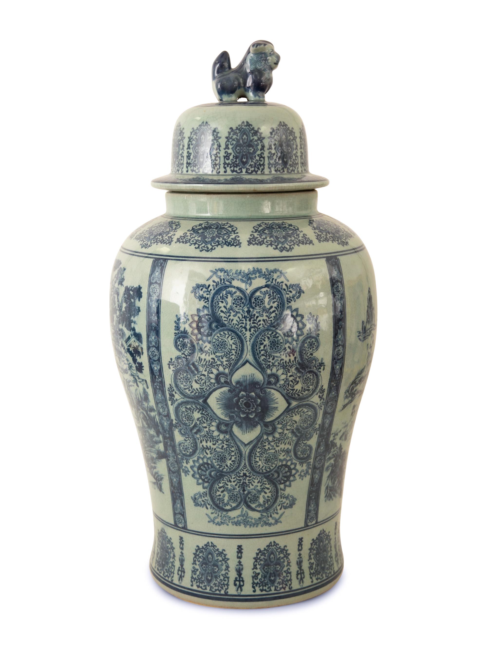 Pair of Chinese Blue and White Porcelain Vases and Covers