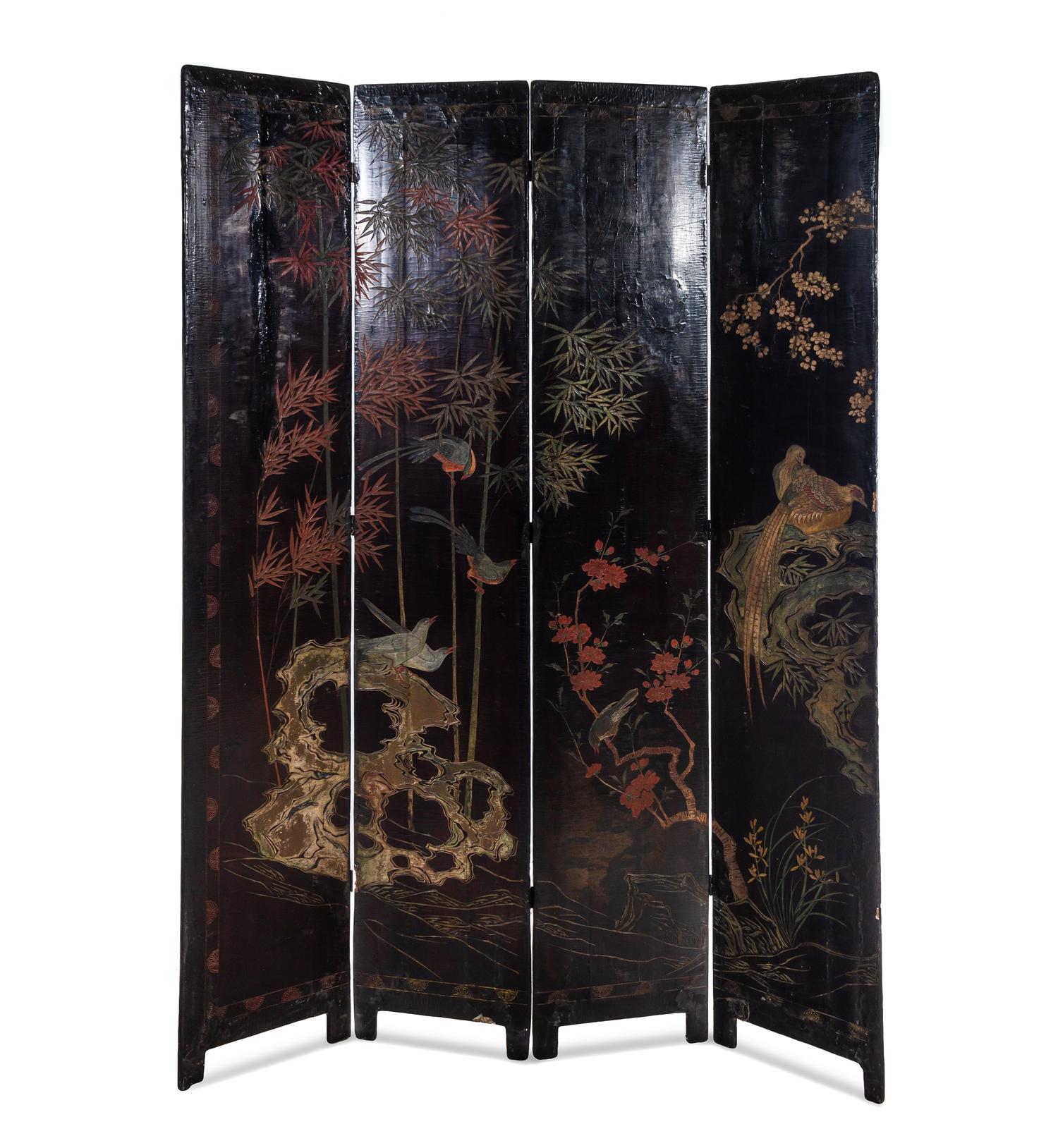 A Chinese Export Black Lacquered Four-Panel Floor Screen