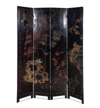 A Chinese Export Black Lacquered Four-Panel Floor Screen