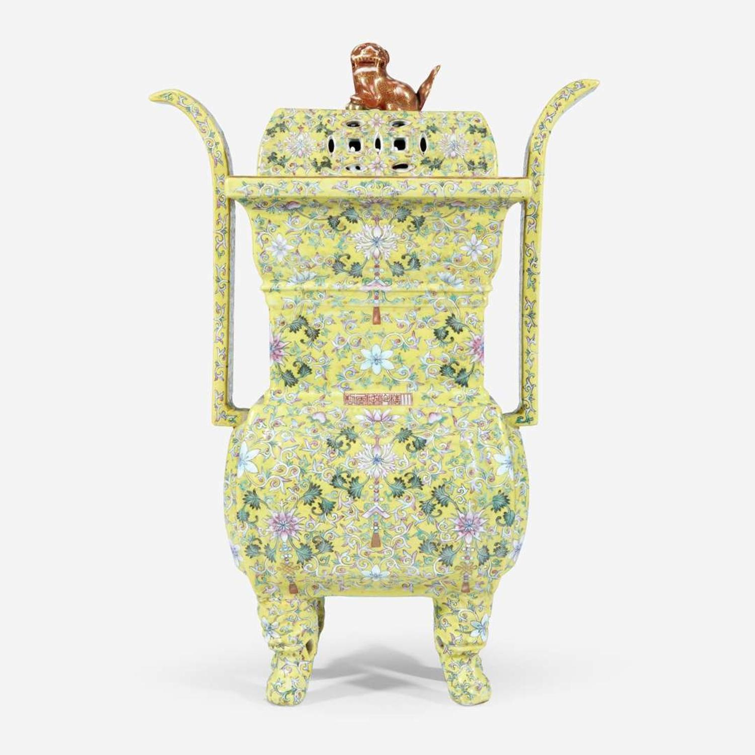 A Chinese yellow-ground enameled porcelain censer and cover 珐琅彩黄地带盖瓷香炉 Apocryphal Qianlong marks ???