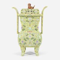 A Chinese yellow-ground enameled porcelain censer and cover 珐琅彩黄地带盖瓷香炉 Apocryphal Qianlong marks ???