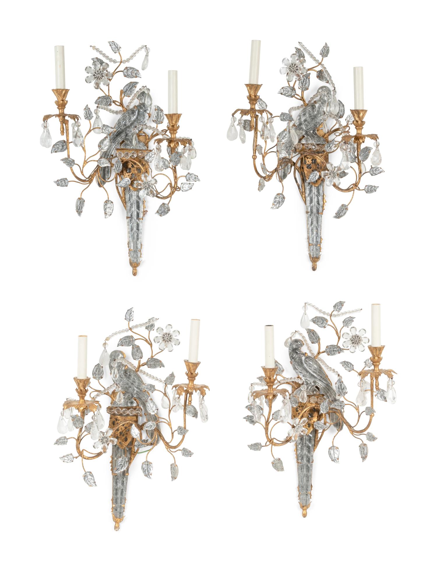 A Set of Four Gilt Metal and Glass Two-Light Sconces in the Style of Maison Baguès
