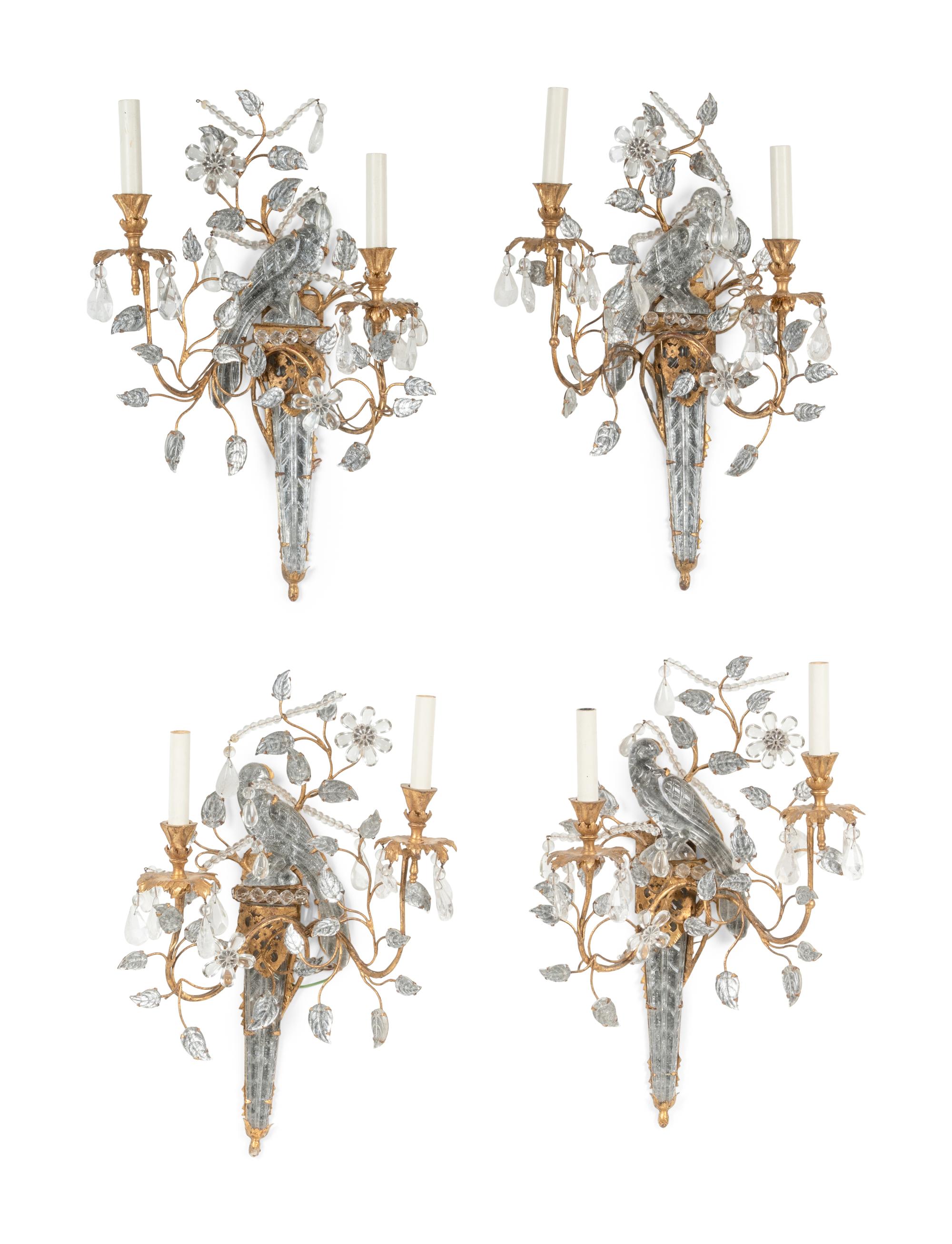 A Set of Four Gilt Metal and Glass Two-Light Sconces in the Style of Maison Baguès
