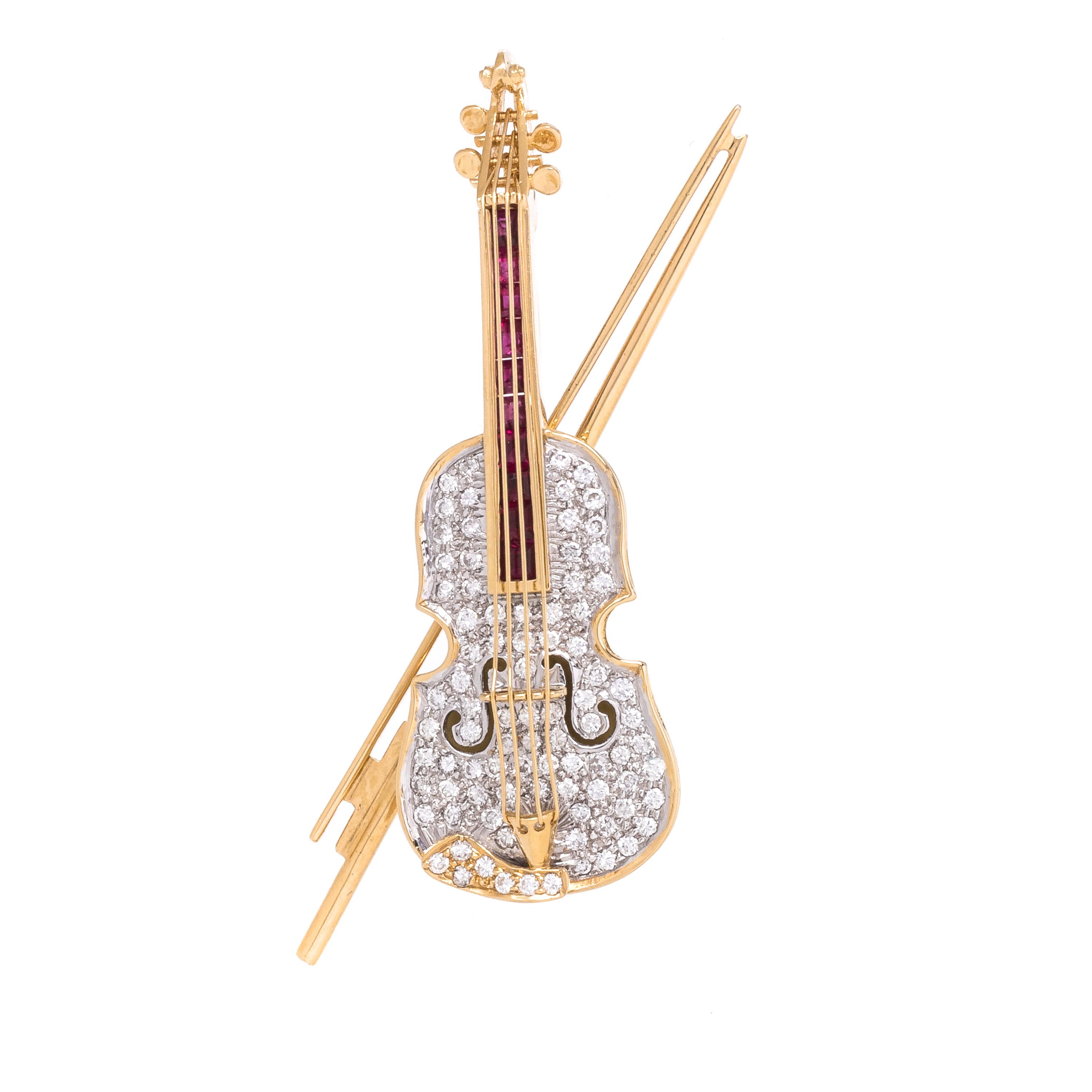 YELLOW GOLD, DIAMOND AND RUBY VIOLIN BROOCH