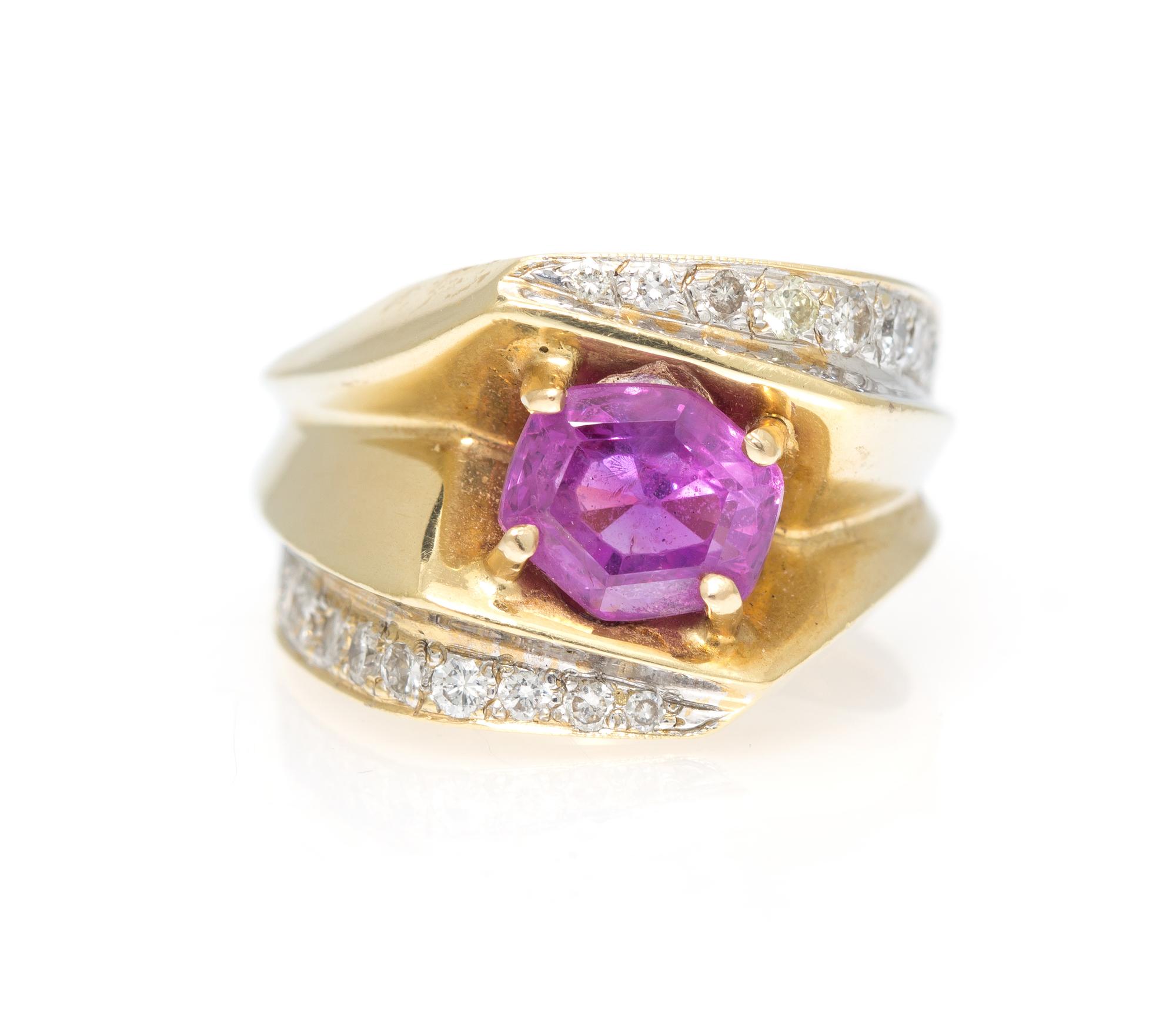 A 14 Karat Yellow Gold, Pink Sapphire and Diamond Ring, 17.30 dwts.