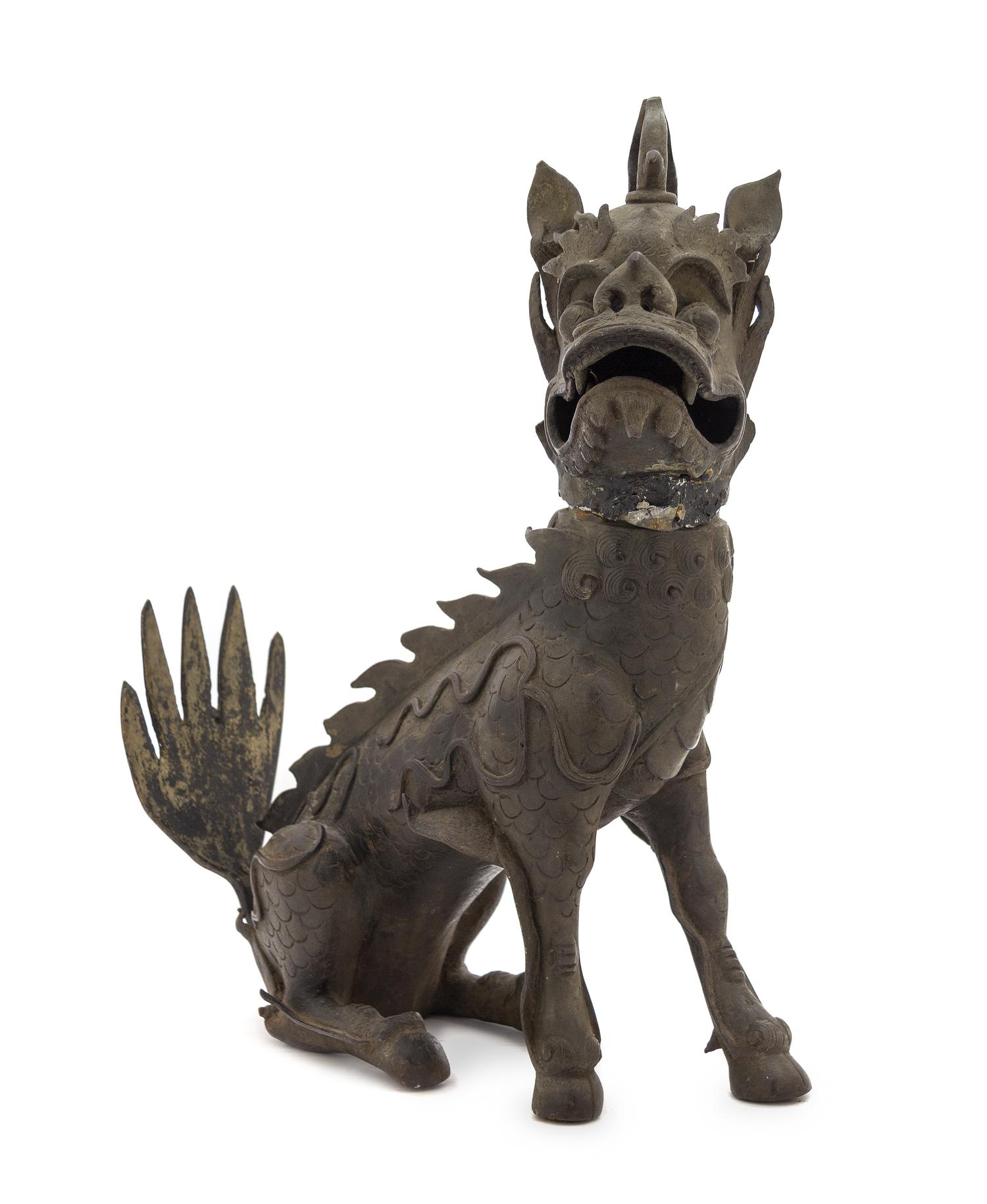A Chinese Bronze Qilin Censer LATE MING DYNASTY Height 17 inches. — LATE MING DYNASTY