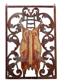 A Continental Carved and Polychrome Decorated Two Sided Butcher's Trade Sign