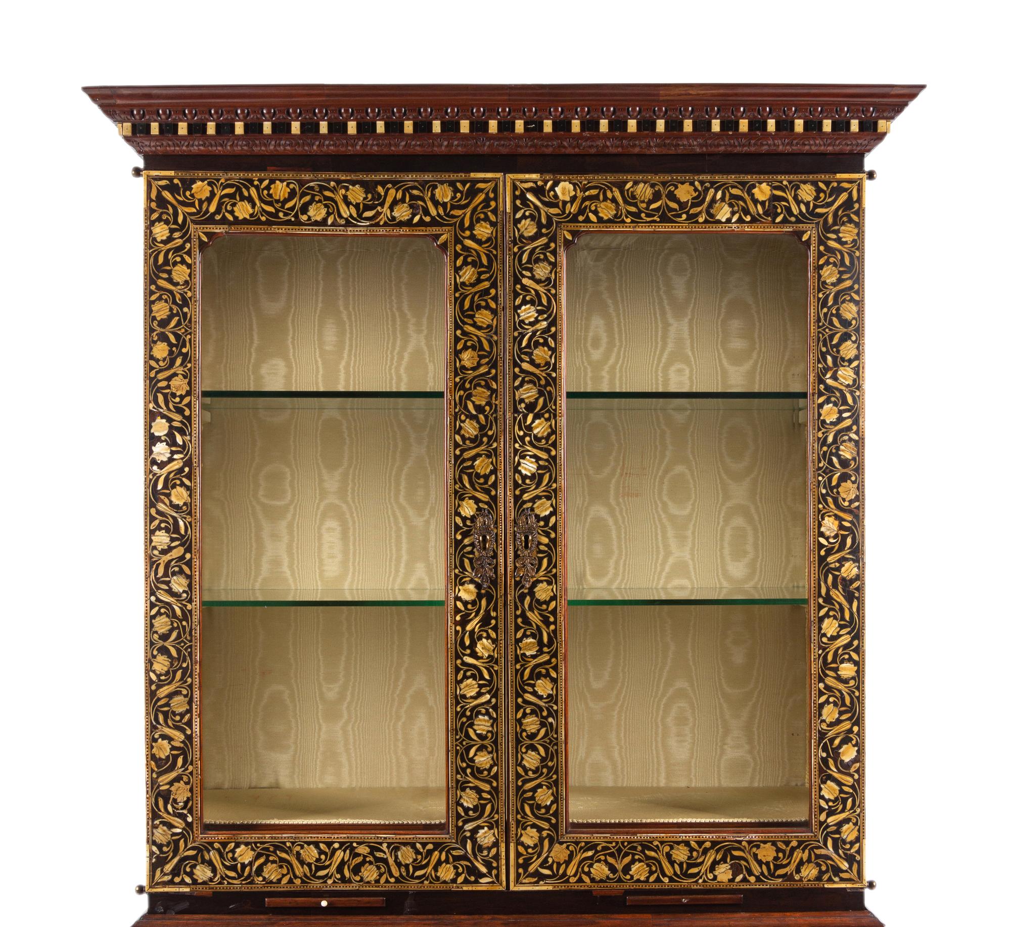 An Anglo-Indian Ivory-Inlaid Indian Rosewood Secretary Bookcase
