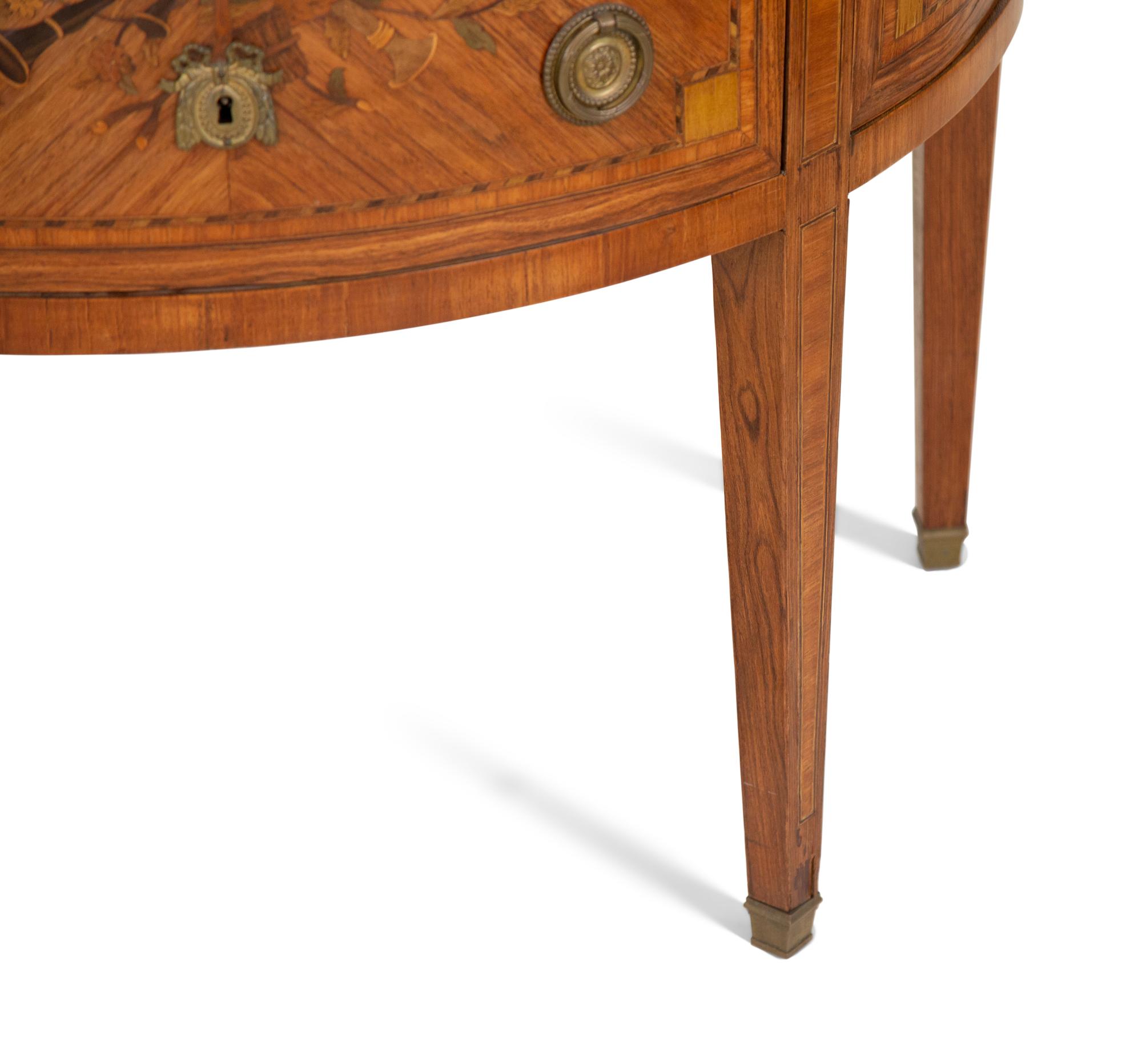 A Pair of Louis XVI Style Demilune Marble-Top Small Commodes