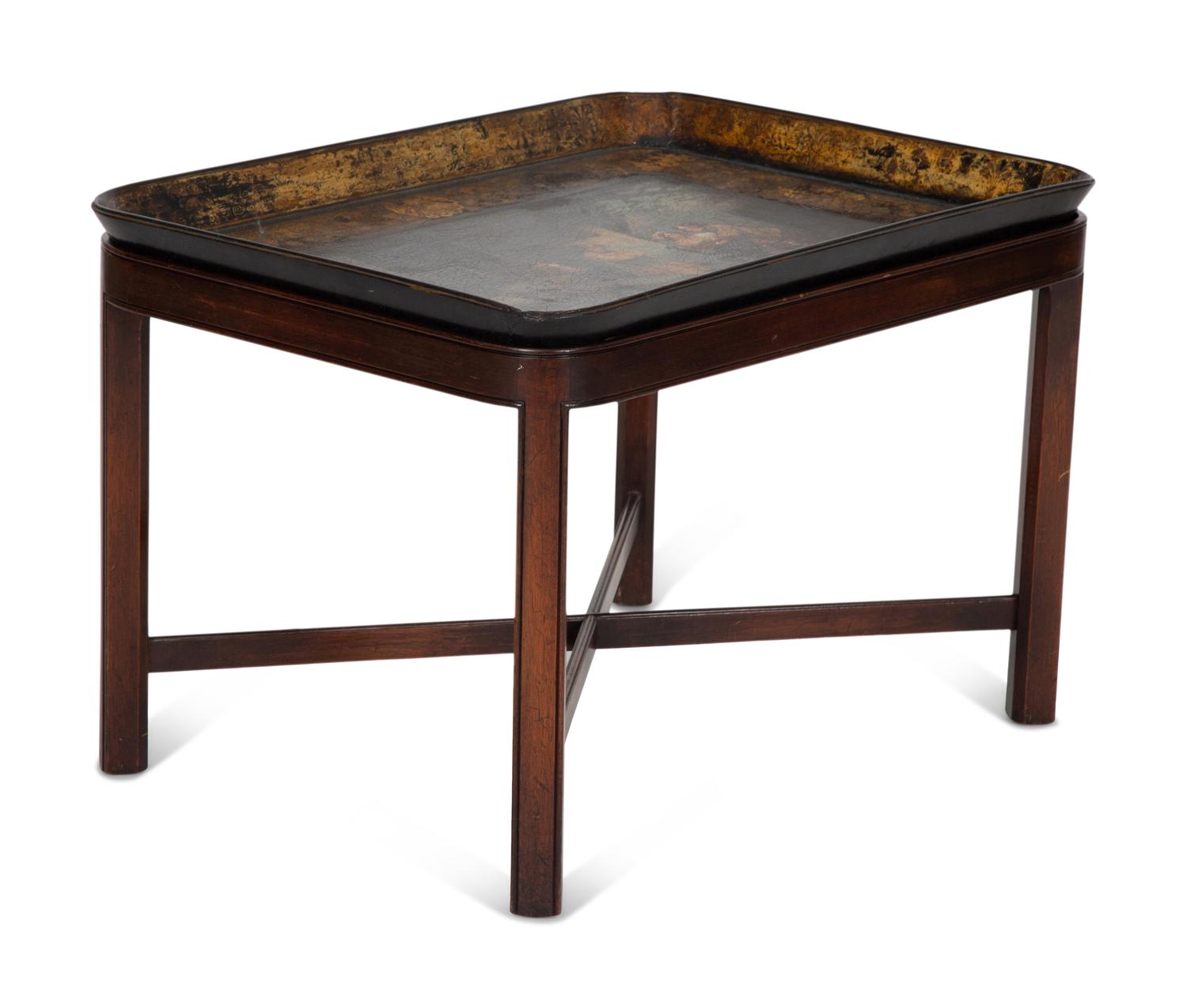 An English Lacquered Papier-Mâché Tray in Fitted Mahogany Stand