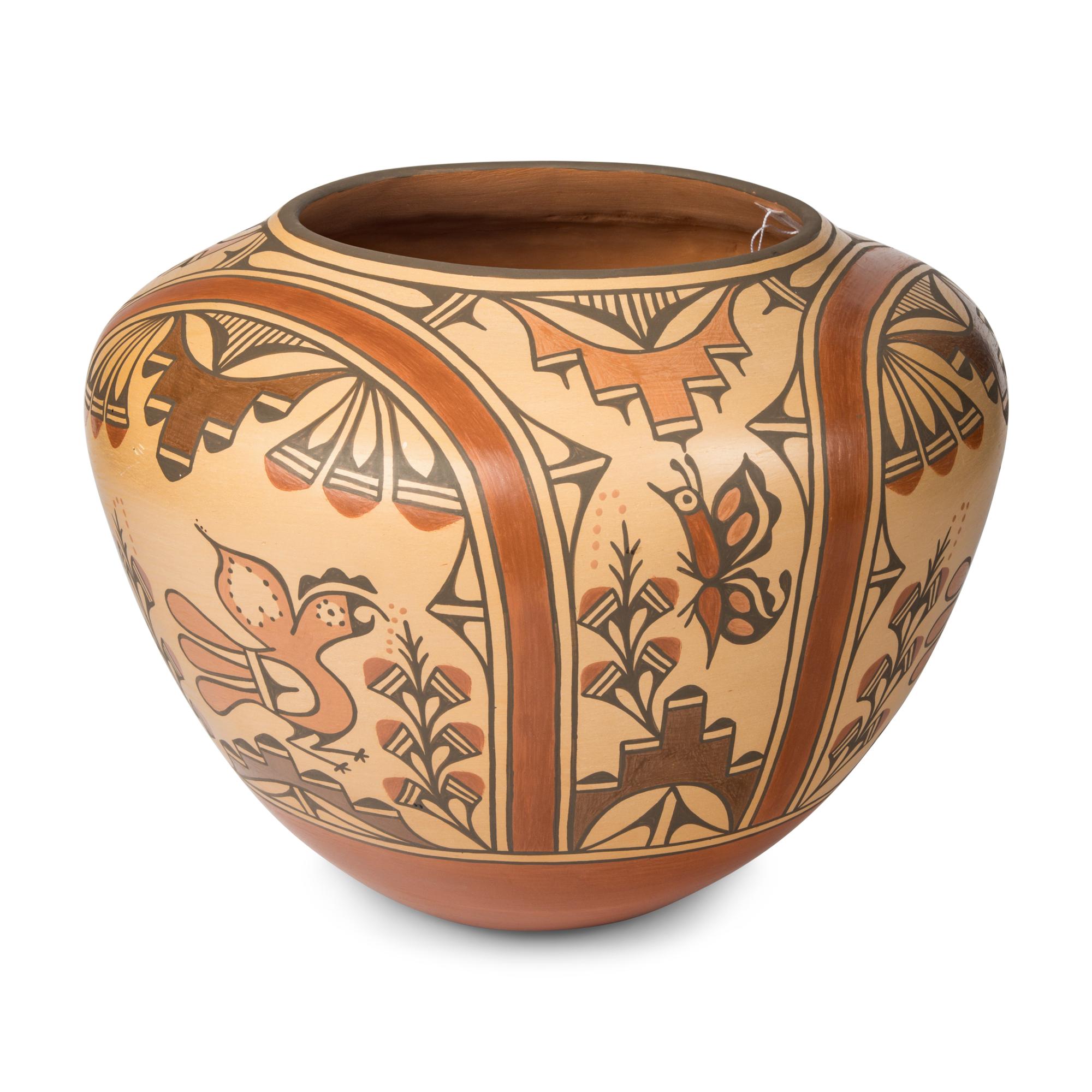 Ruby Panana (Zia, b. 1954) — Polychome Pottery Olla, with Parrots, Butterflies, and Rainbows