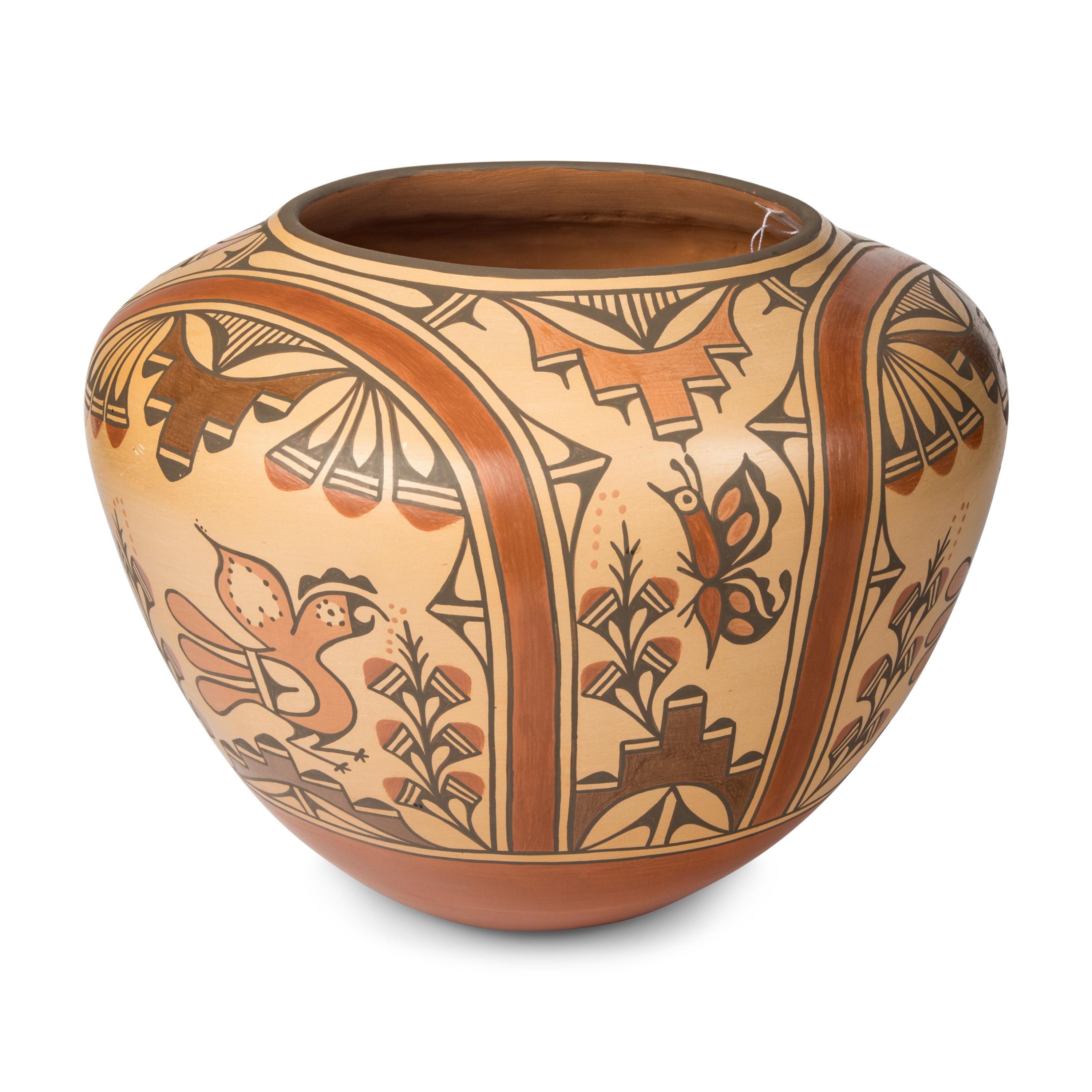 Ruby Panana (Zia, b. 1954) — Polychome Pottery Olla, with Parrots, Butterflies, and Rainbows
