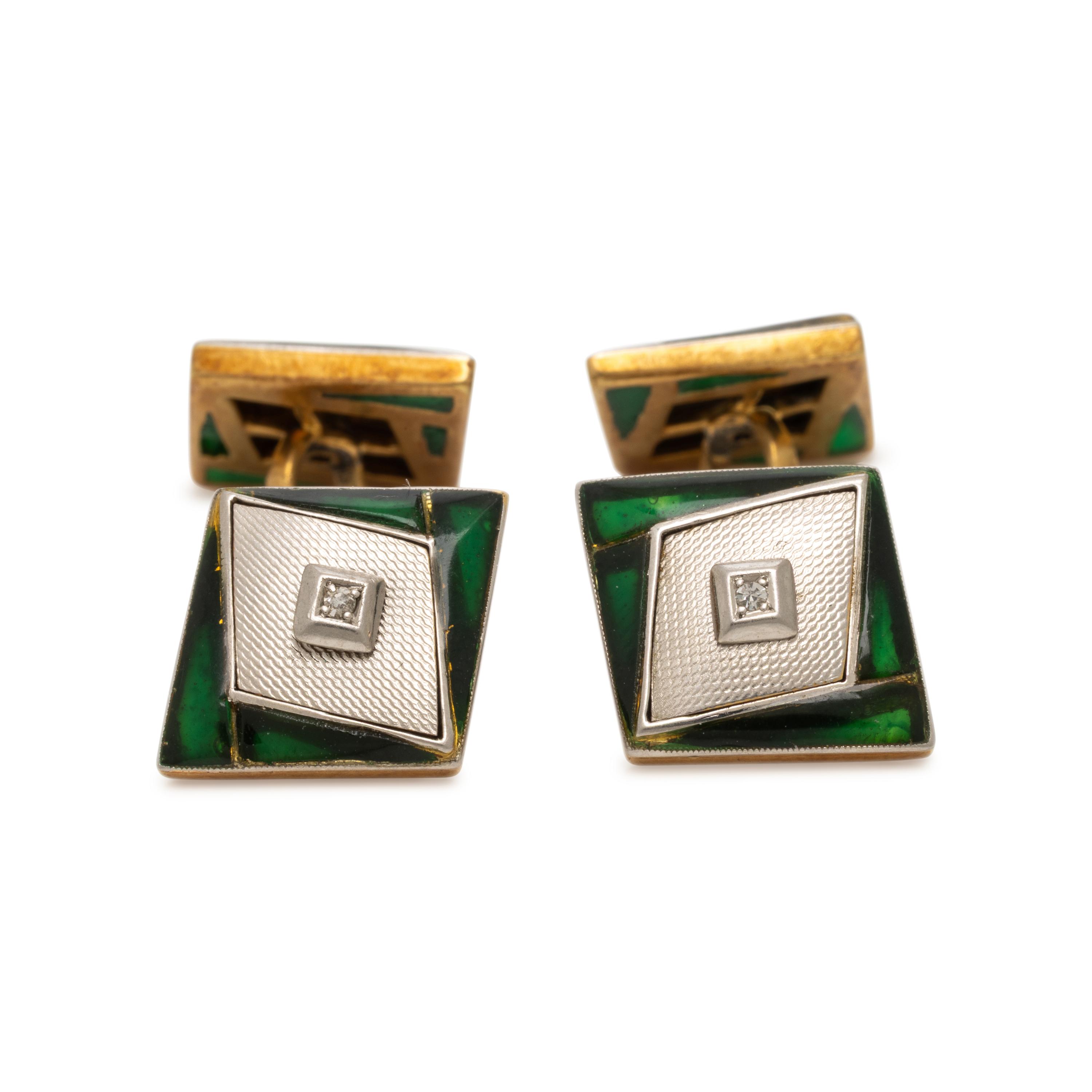 Bicolor Gold, Diamond, and Enamel Cufflinks