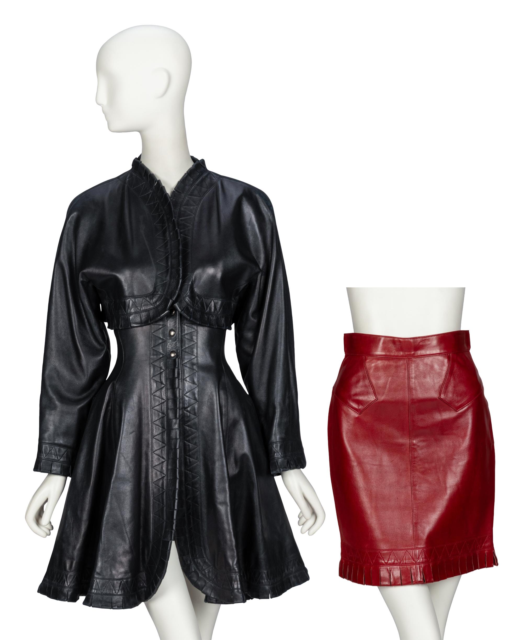 Alaïa, Black Leather Dress & Burgundy Leather Skirt, 1980s