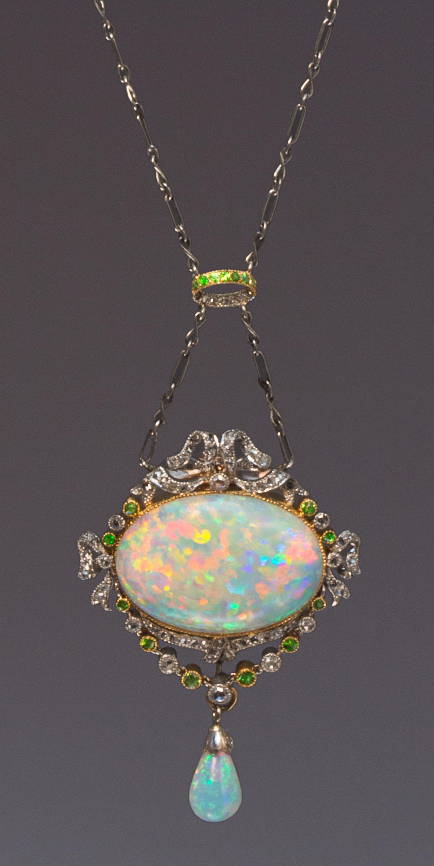 A Belle Epoque Platinum, Rose Gold, Opal, Diamond and Demantoid Garnet Necklace, 8.30 dwts.