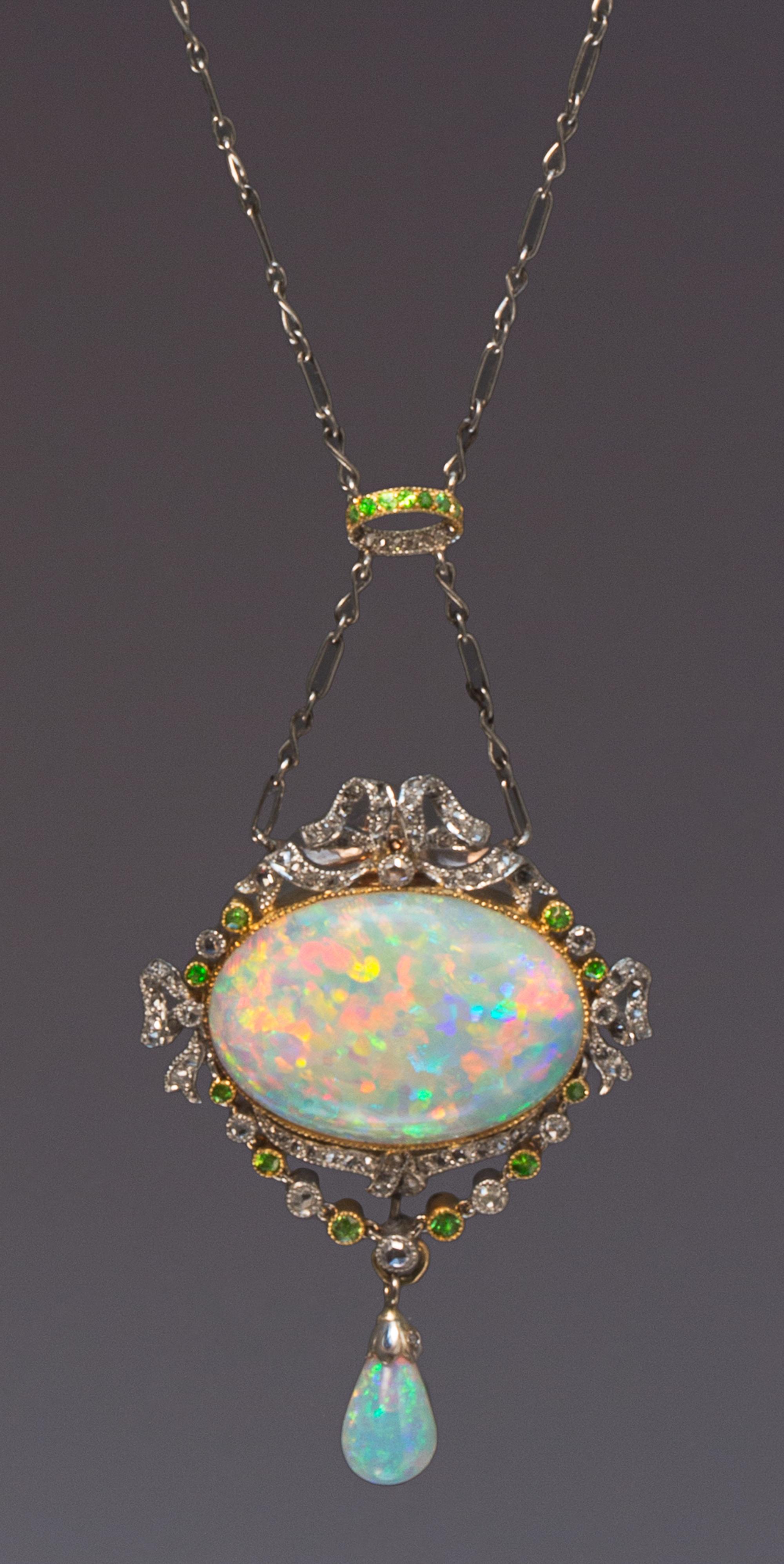 A Belle Epoque Platinum, Rose Gold, Opal, Diamond and Demantoid Garnet Necklace, 8.30 dwts.